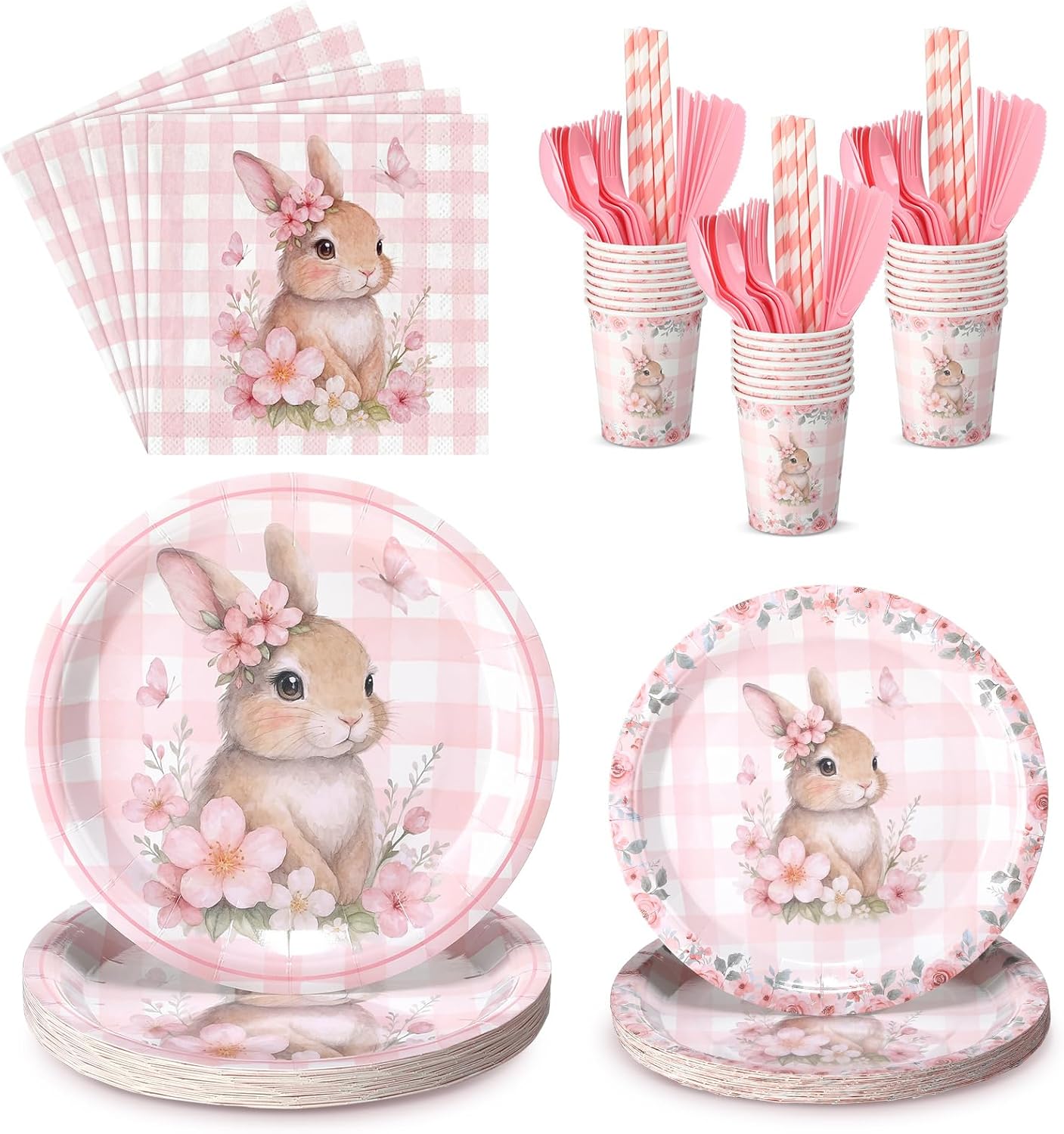 Maxdot 144 Pcs Bunny Birthday Decorations for 24 Guests, Easter Decoupage Plates and Napkins 7" and 9" Bunny Party Plates Easter Tableware for 24 Guests, Spring Birthday Baby Shower Decorations