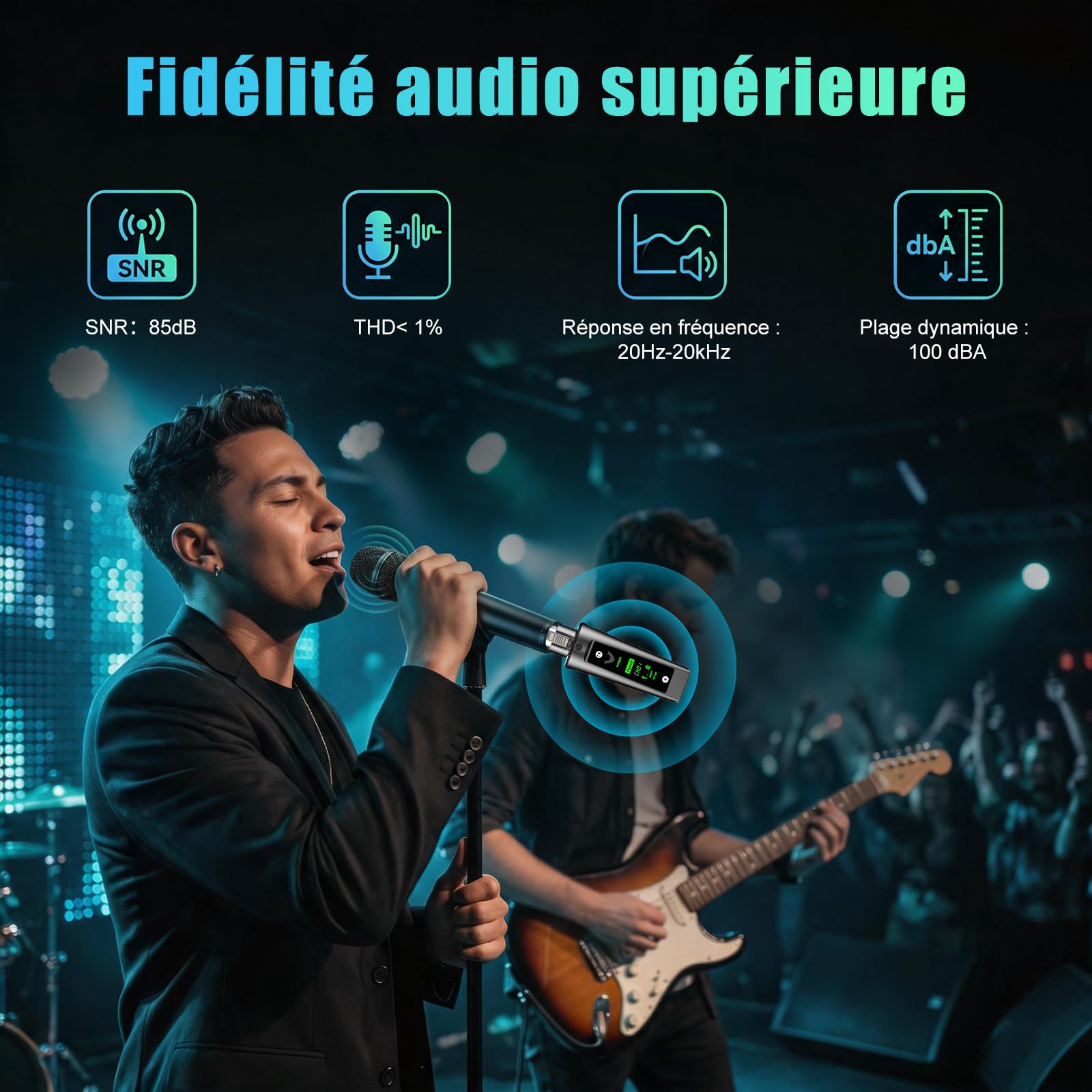 Aveek Émetteur-récepteur XLR sans fil pour Micro Dynamique portée de 60 m | Latence < 2 ms, signal stable, autonomie 20 h, appairage automatique, adaptateur pour table de mixage, sono, église et scène