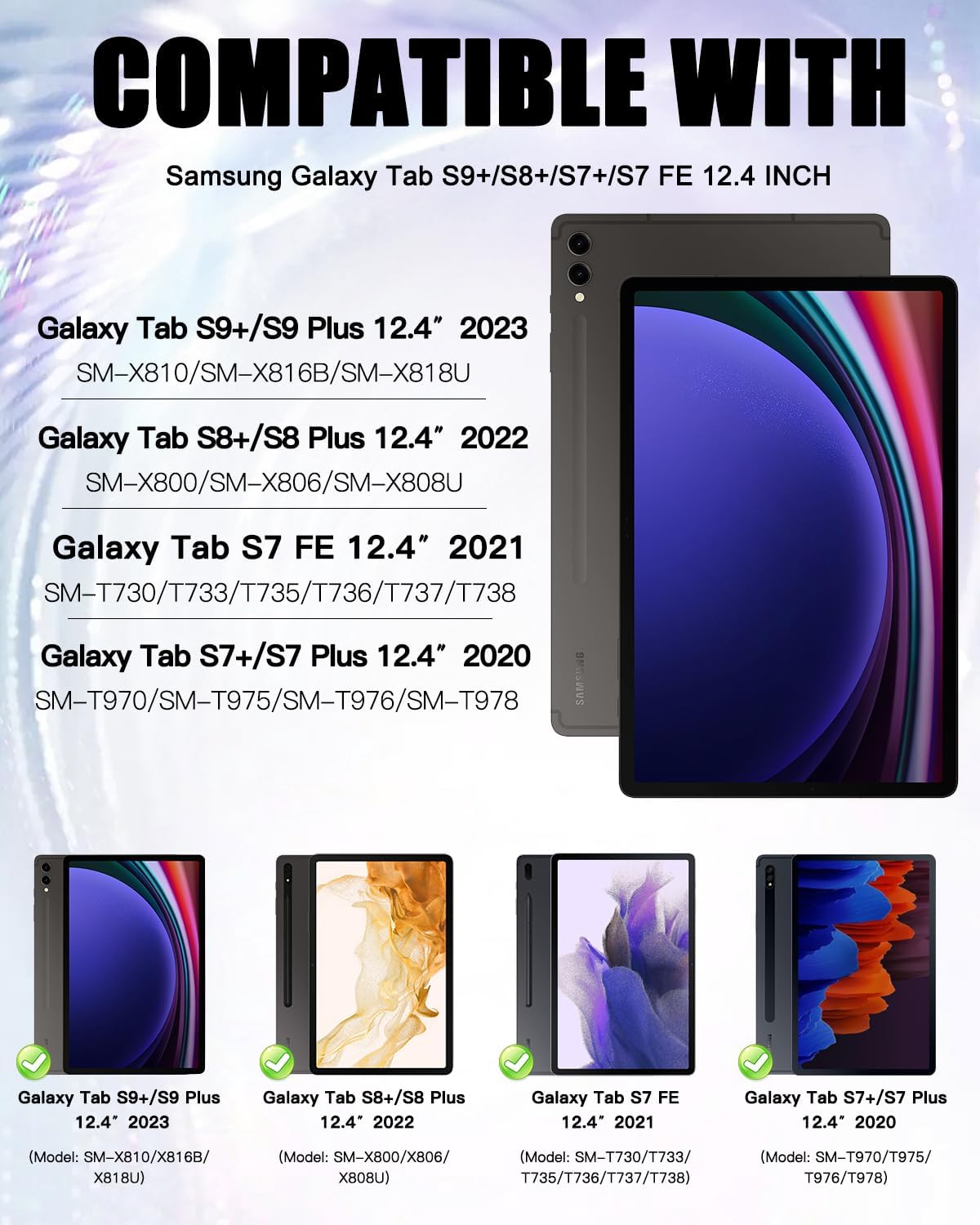 braecn case for samsung galaxy tab s9 fe+ plus/s9+ plus/s8+ plus/s7 fe/s7+ plus 12.4 inch, rugged silicone cover with handle grip, kickstand, shoulder strap, s pen holder, navy blue