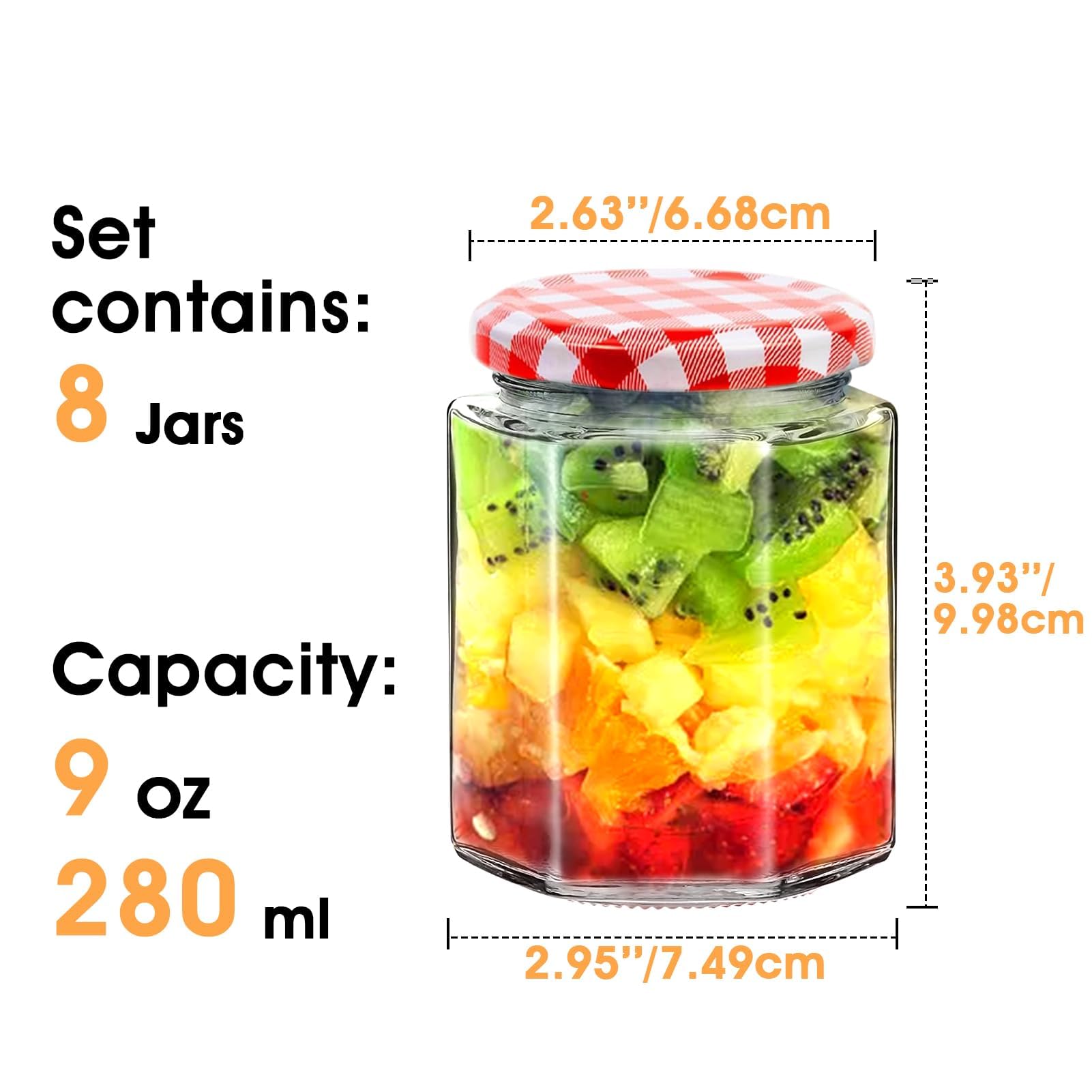 Showvigor 8pack Glass Jam Jars with Red Gingham Lid, 280ml/9oz, Hexagonal Storage Glass Jars - Image 2