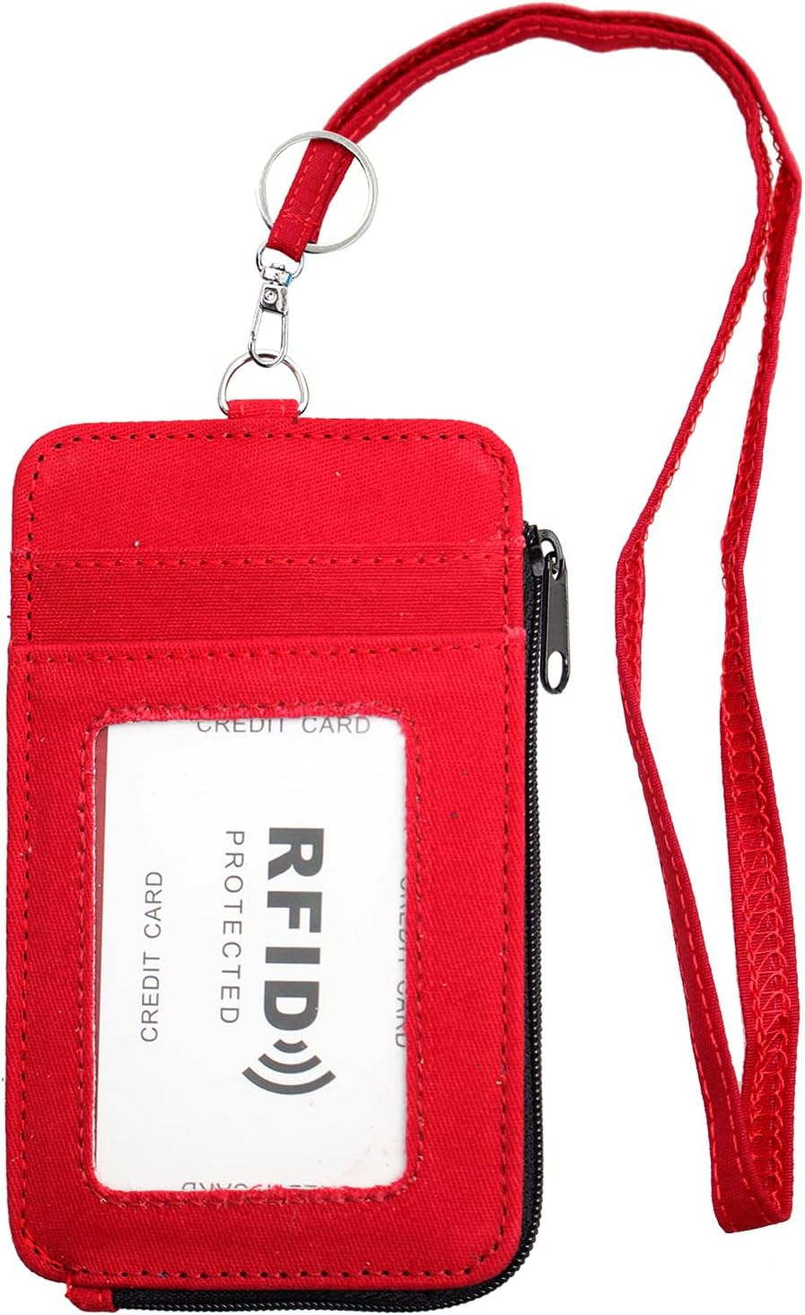 ID Badge Holder, RFID Blocking ID/Credit Holder Fashion Badge Card Holder Wallet with Lanyard & 1 Clear ID Window & 3 Credit Card Slot & 1 Zipper Pocket for School, Office - Red