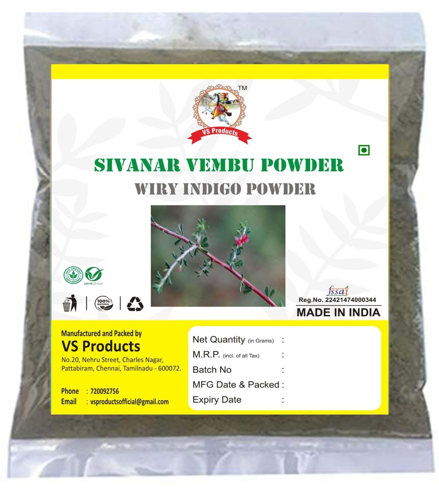 VS Products Sivanar Vembu Powder, 100g,Indigofera aspalathoides, Wiry Indigo Powder, useful against acne and skin blemishes, 100g (Pack of 1 x 100g) (B09GBGHK31) Amazon Price History, Amazon Price Tracker