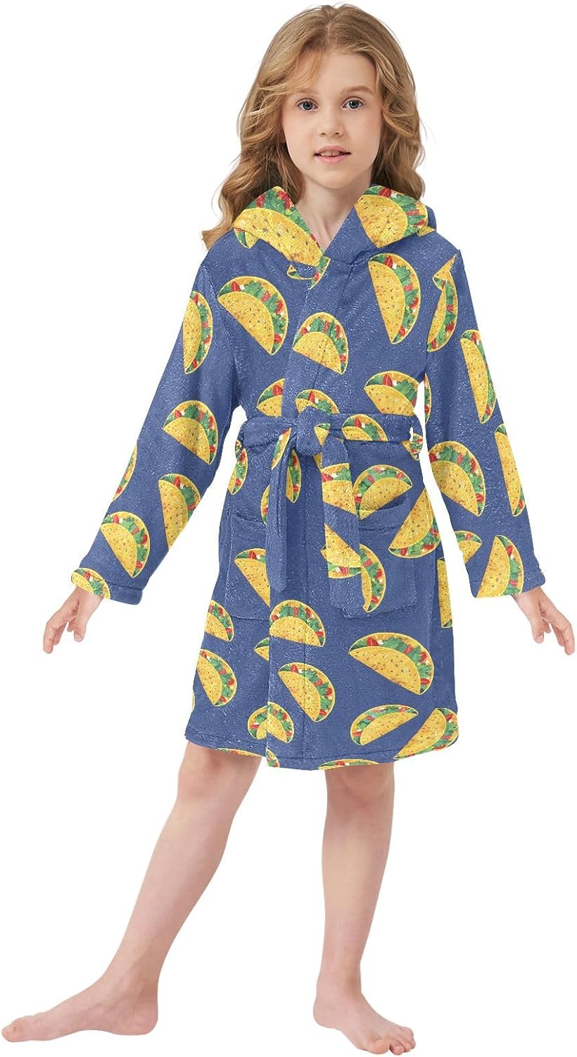 Cartoon Tacos Navy Pattern Toddler Hooded Bathrobe for Boys Girls Soft Plush Bath Towel Robe 2-12 Years