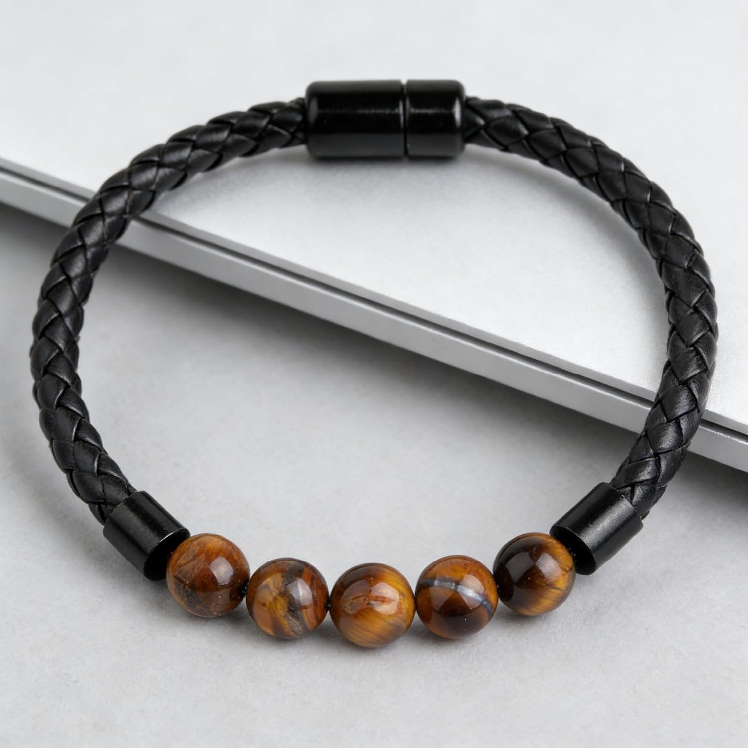 Turquoise Tiger Eye Black Obsidian Bracelets for Men Blue Brown Beaded Leather Cuff Bangle 8mm Stone Braided Stainless Steel Clasp Anniversary Birthday Christmas Wristband for Father 8.3''