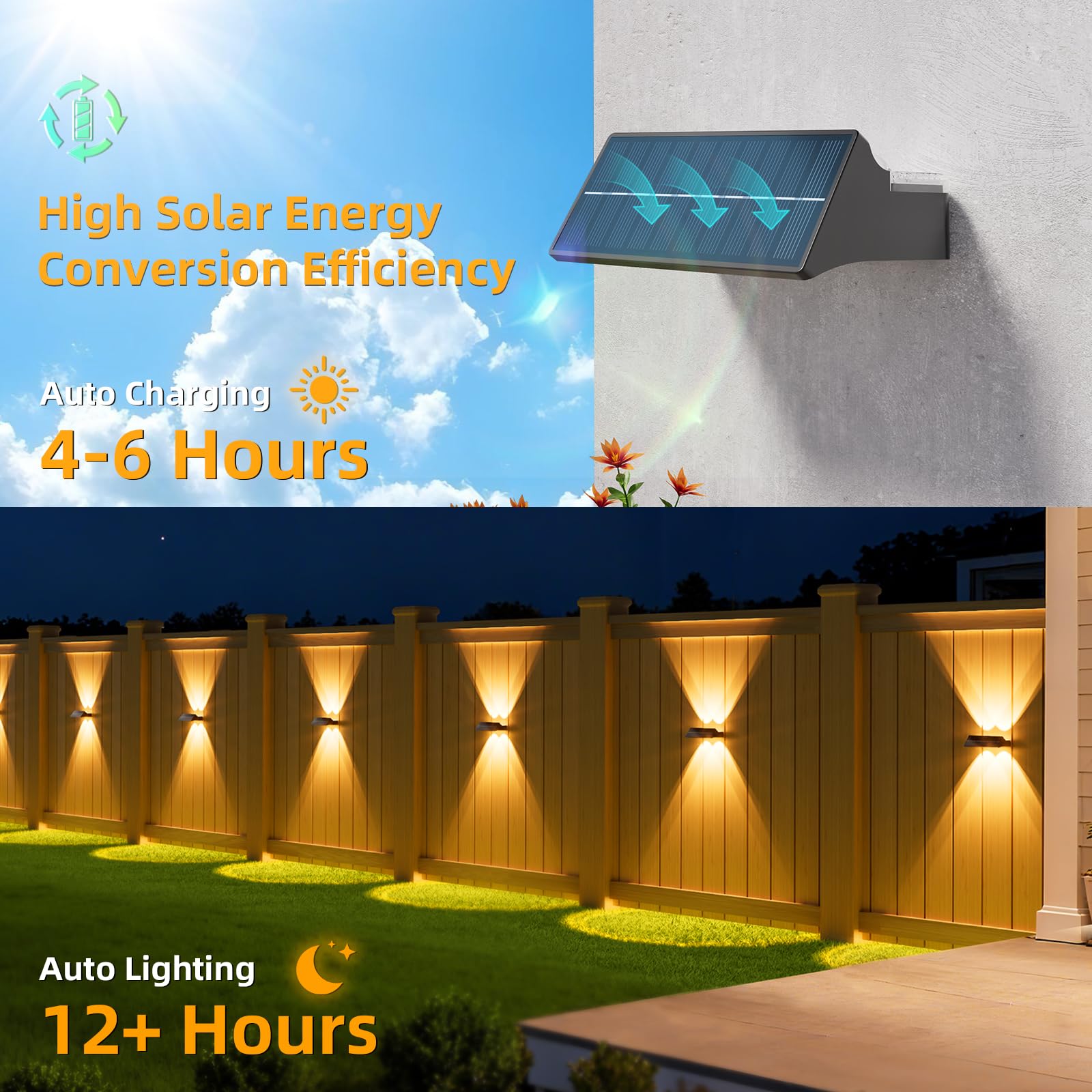 NIORSUN Applique Murale Exterieur Solaire, Lot de 6, Éclairage Haut et Bas, Étanches IP65, 3000K/4000K/6500K + RVB, Lampe Solaire Exterieur pour Mur, Terrasse, Jardin, Garage, Clôture (Noir)