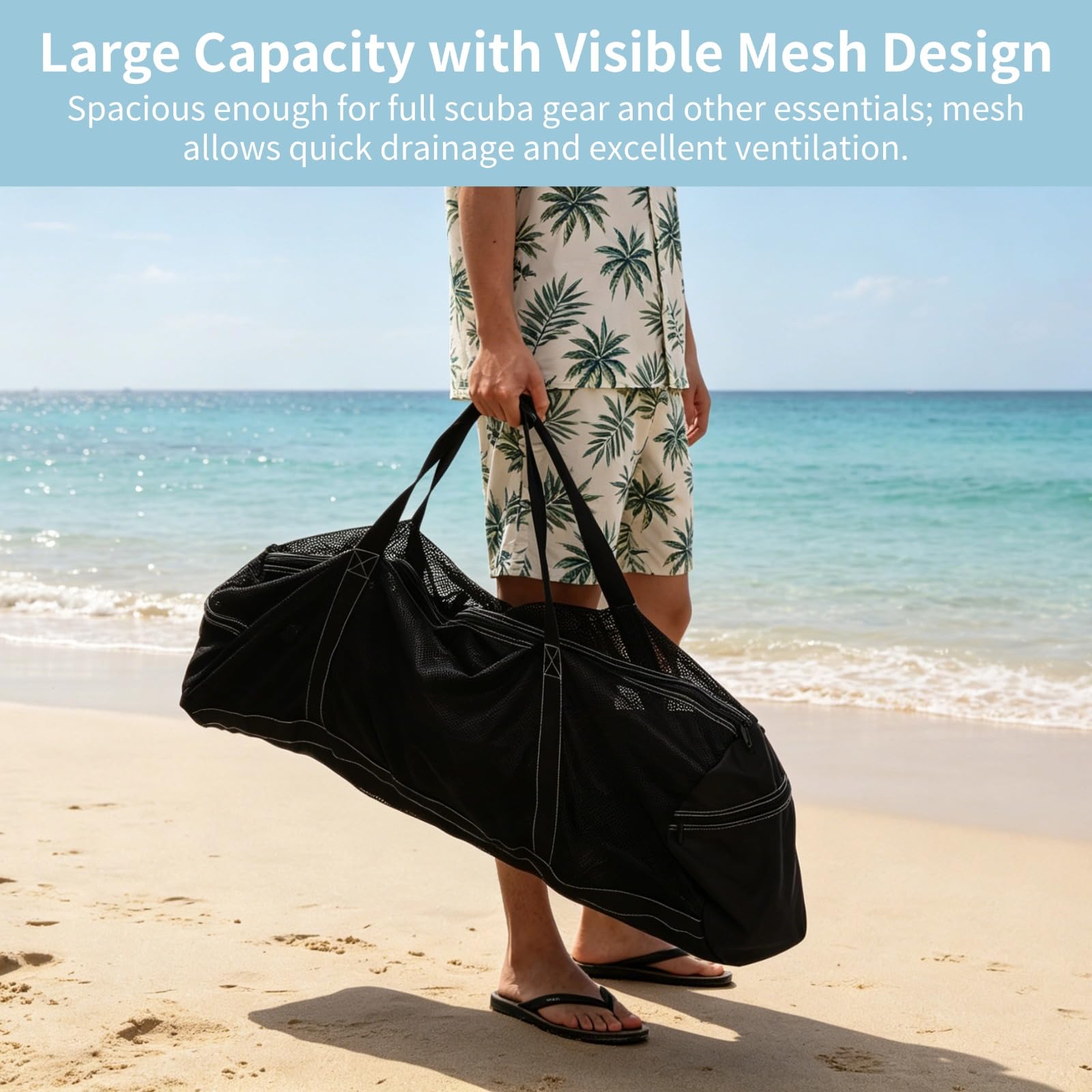 Schwarze Netztasche, 94 x 38,1 x 38,1 cm, extra große Tragetasche für Tauch- oder Schnorchelausrüstung, Polyester-Aufbewahrungstasche für Strand, Pool, Schwimmen, Reisen, Sport, Schwarz