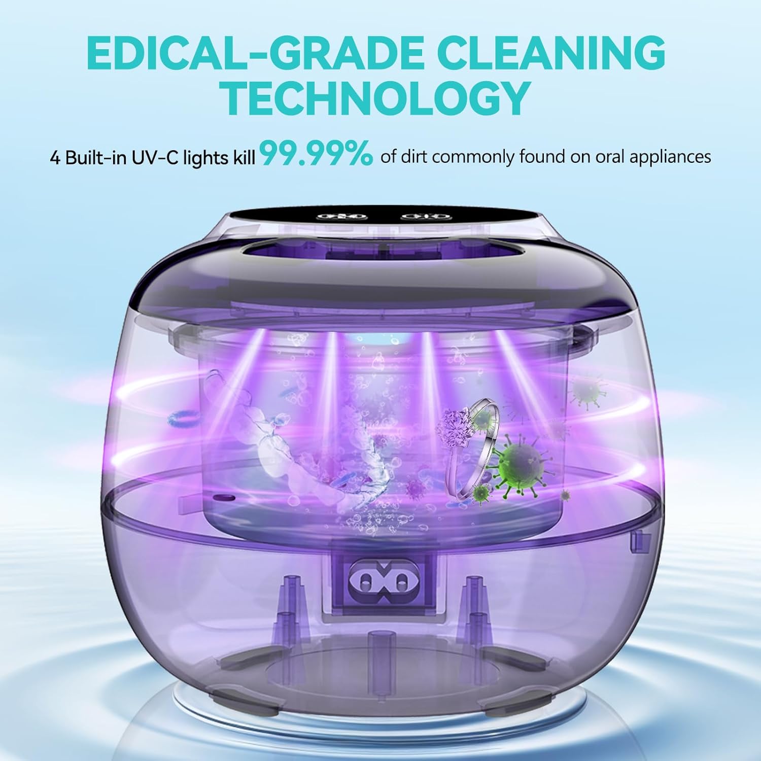 Ultrasonic Denture Retainer Cleaner Machine - 45kHz Retainer Cleaner Machine with 200ML Dental Cleaning Pod, 4 Modes Ultrasonic Cleaner for Denture, Mouth Guard, Aligner, Braces, Toothbrush, Jewelry - Image 3