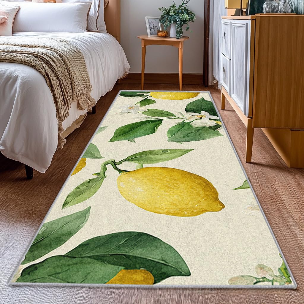 Generisch Läufer Flur Zitrone 60x180 Mit Frucht Blätter Blumen Grün Gelb Muster Extra Dünn Waschbar rutschfest, Zitrone Teppich Flurläufer Lang Für Eingangsbereich Schlafzimmer