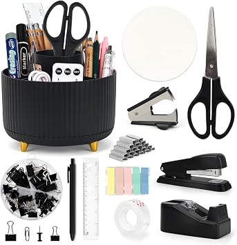 12-in-1 Stationary Set, Black Desk Accessory with Stapler & Staples Set, Pen Pot, Tape Dispenser, Scissors, Ruler, Color Tabs for Men, Women, Practical Office Supply for Teachers, Students
