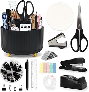 12-in-1 Stationary Set, Black Desk Accessory with Stapler & Staples Set, Pen Pot, Tape Dispenser, Scissors, Ruler, Color Tabs for Men, Women, Practical Office Supply for Teachers, Students