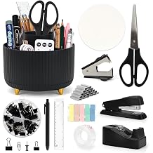 12-in-1 Stationary Set, Black Desk Accessory with Stapler & Staples Set, Pen Pot, Tape Dispenser, Scissors, Ruler, Color Tabs for Men, Women, Practical Office Supply for Teachers, Students