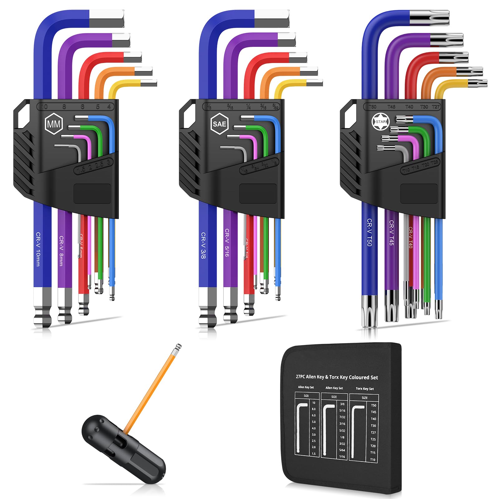 COLFULINE 27PCS Allen & Star Key Set with T-Handle, Imperial Allen Keys with Colour Coding - Metric (1.5mm - 10mm), Imperial (1/16-3/8), Torx (T10 - T50) for Bicycle, Motorcycle Repair&Household DIY