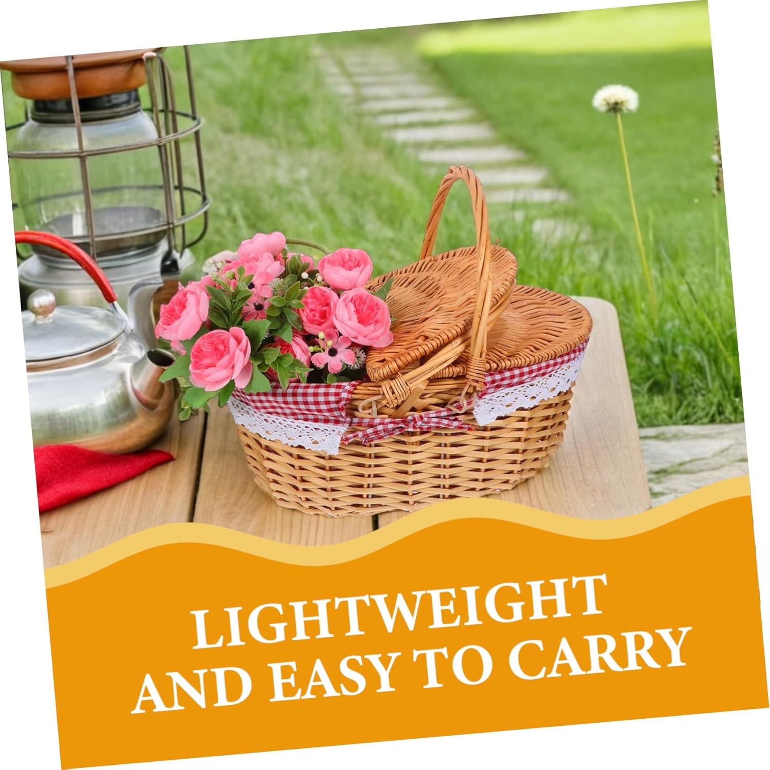 Vintage Willow Picnic Basket with Double Folding Handles and Removable Lace Liner Handwoven Rustic Rattan Hamper for Outdoor Picnics Market Shopping and Holiday Gifting