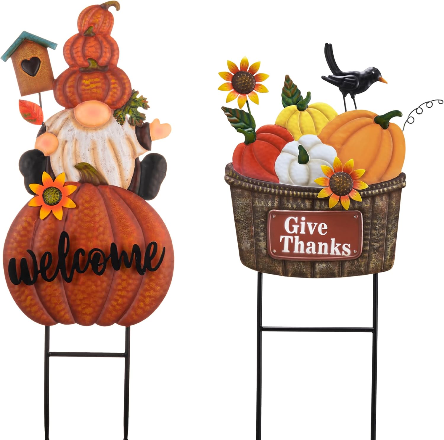 TERESA'S COLLECTIONS Fall Gnome Pumpkin Decorations for Outdoor Home, Metal Welcome Signs Stakes for Fall Decor, Orange Thanksgiving Decor for Autumn Yard, Valentines Garden Patio Gift for Mom