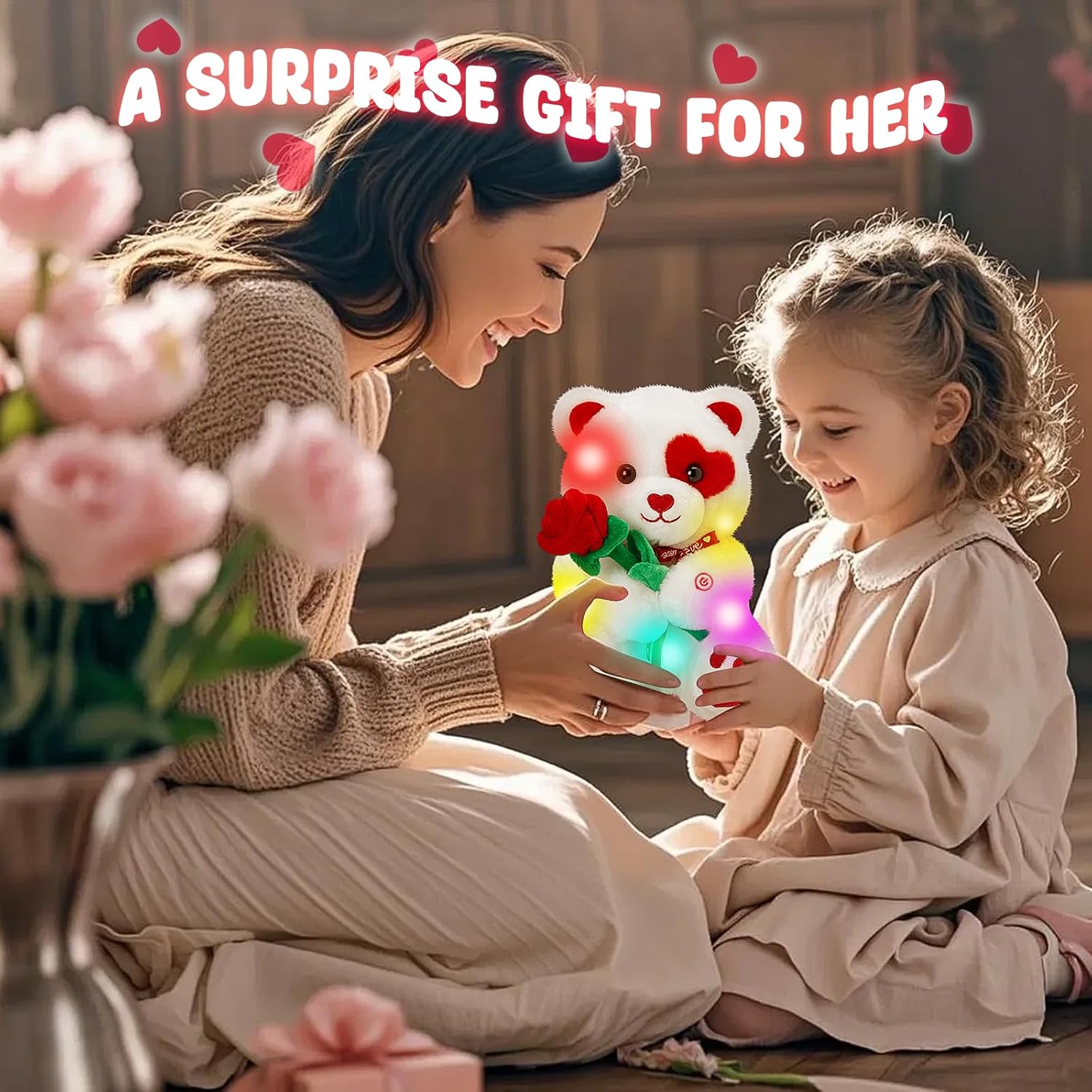 Glow Guards Valentines Light up Teddy Bear, 10'' White Bear Stuffed Animal Holding Rose, Cute Soft Plush Toy Valentine's Day Gift for Kids Girlfriend Lover Wife