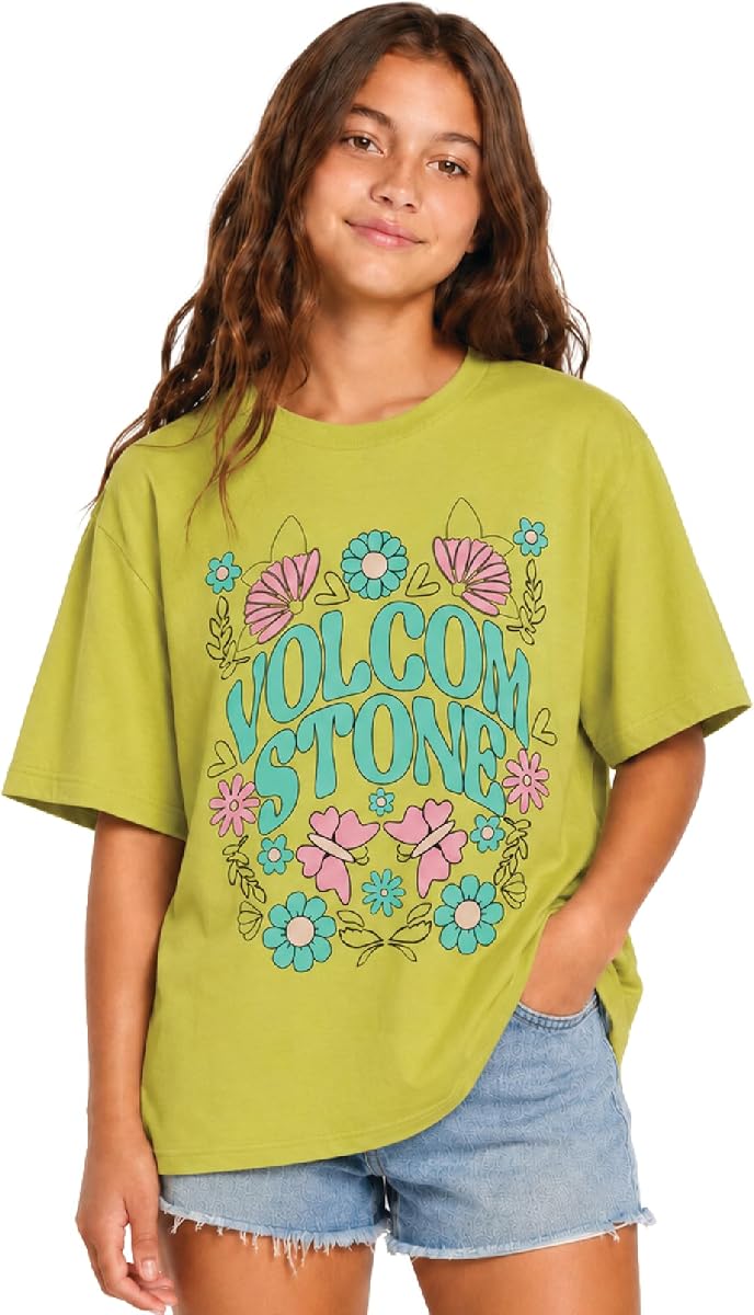 Camiseta estampada con cuello redondo para niñas Volcom, top informal de manga corta | Jersey suave y transpirable con un estampado moderno, fácil de usar en capas para la escuela, los días de patinaje o las salidas en climas cálidos