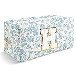 Personalized Quilted Cosmetic Bag, Puffy Monogrammed Christmas Birthday Gifts for Women & Girls, Cute initial Floral Makeup Bag Puffer Coquette Bag, Aesthetic Travel Toiletry Zipper Pouch(Blue,H)