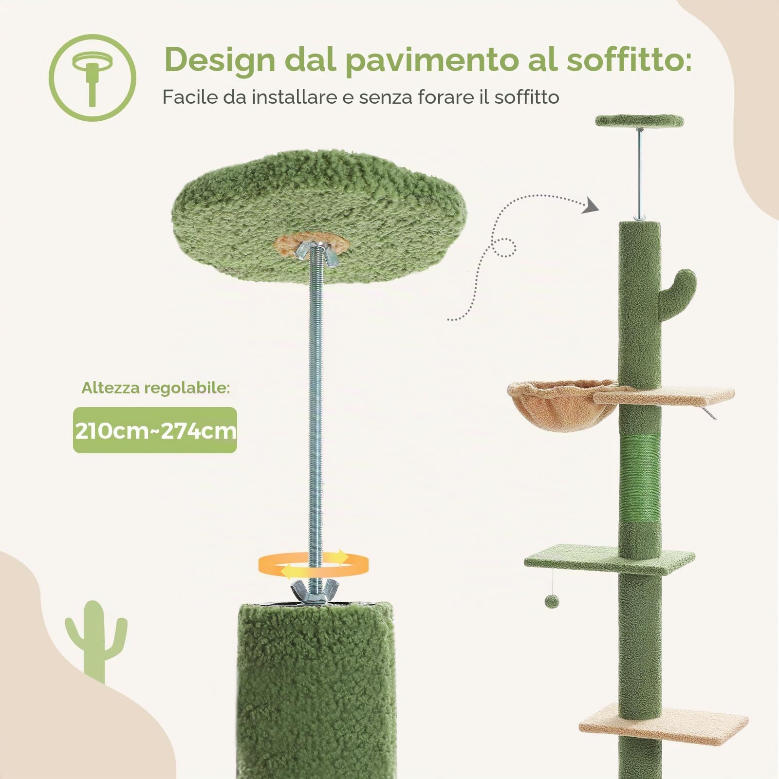PAWZ Road Albero per gatti dal pavimento al soffitto con altezza regolabile da 216 cm a 273 cm, torre per gatti con condominio per gatti, amaca, tiragraffi e scala, cintura anti-caduta, albero