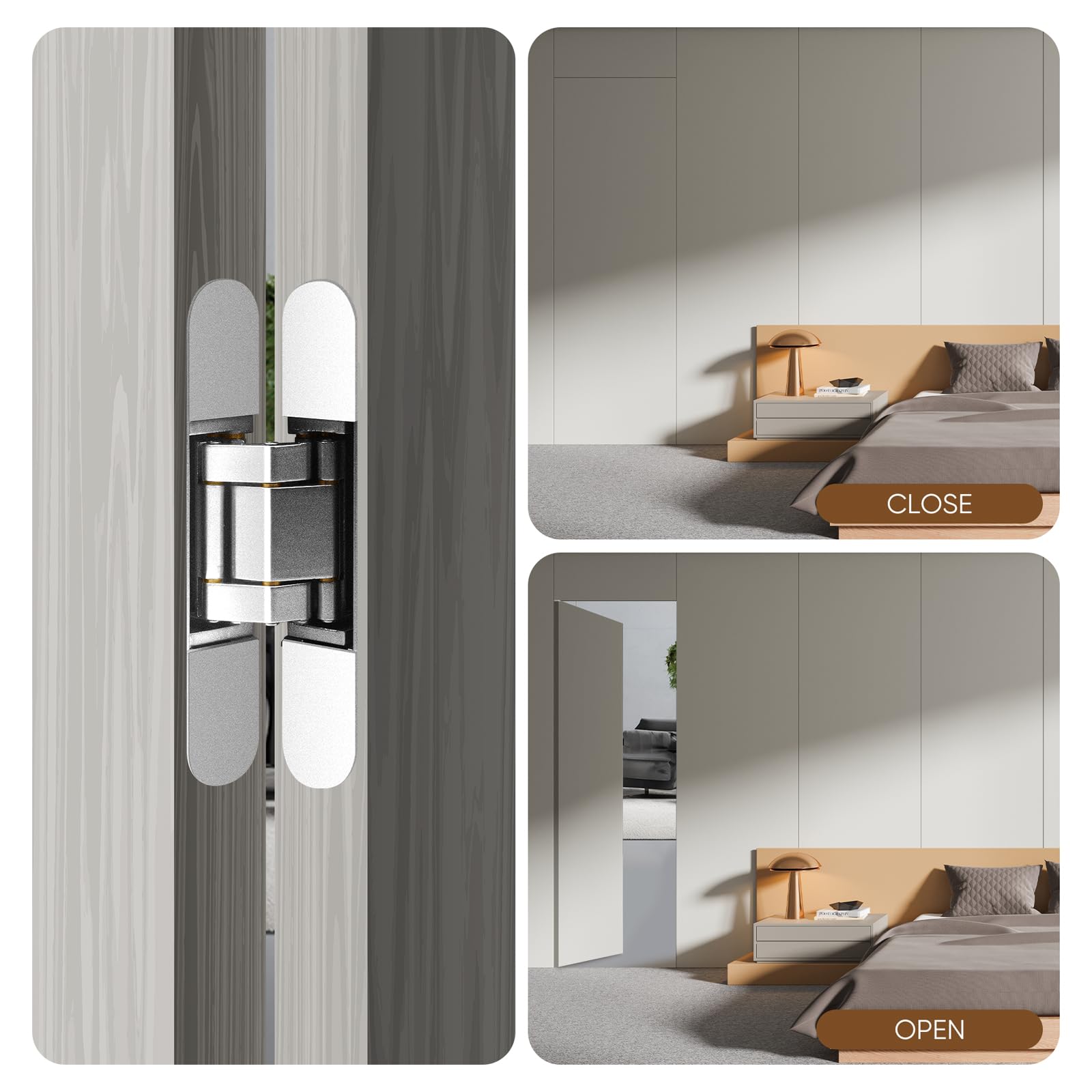 Bisagras de puerta ocultas de 6 pulgadas (2 piezas) – Bisagras de puerta invisibles ajustables de 3 vías, bisagras ocultas resistentes con giro de 180 grados (carga de hasta 88 libras)