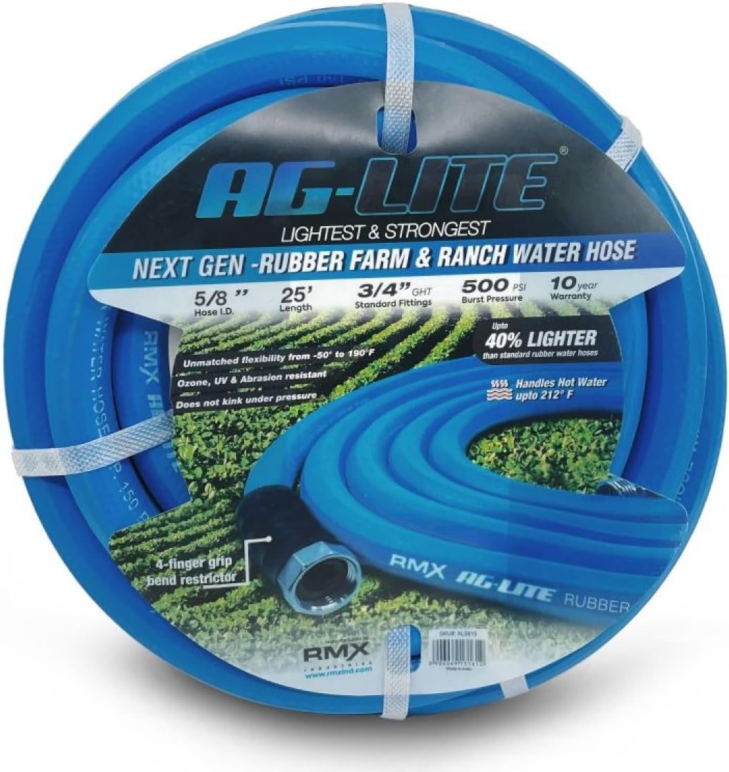 AG-Lite Rubber Hot & Cold Water Rubber Garden Hose: Ultra-Light & Super Strong - 10 Year Warranty (5/8" x 25')