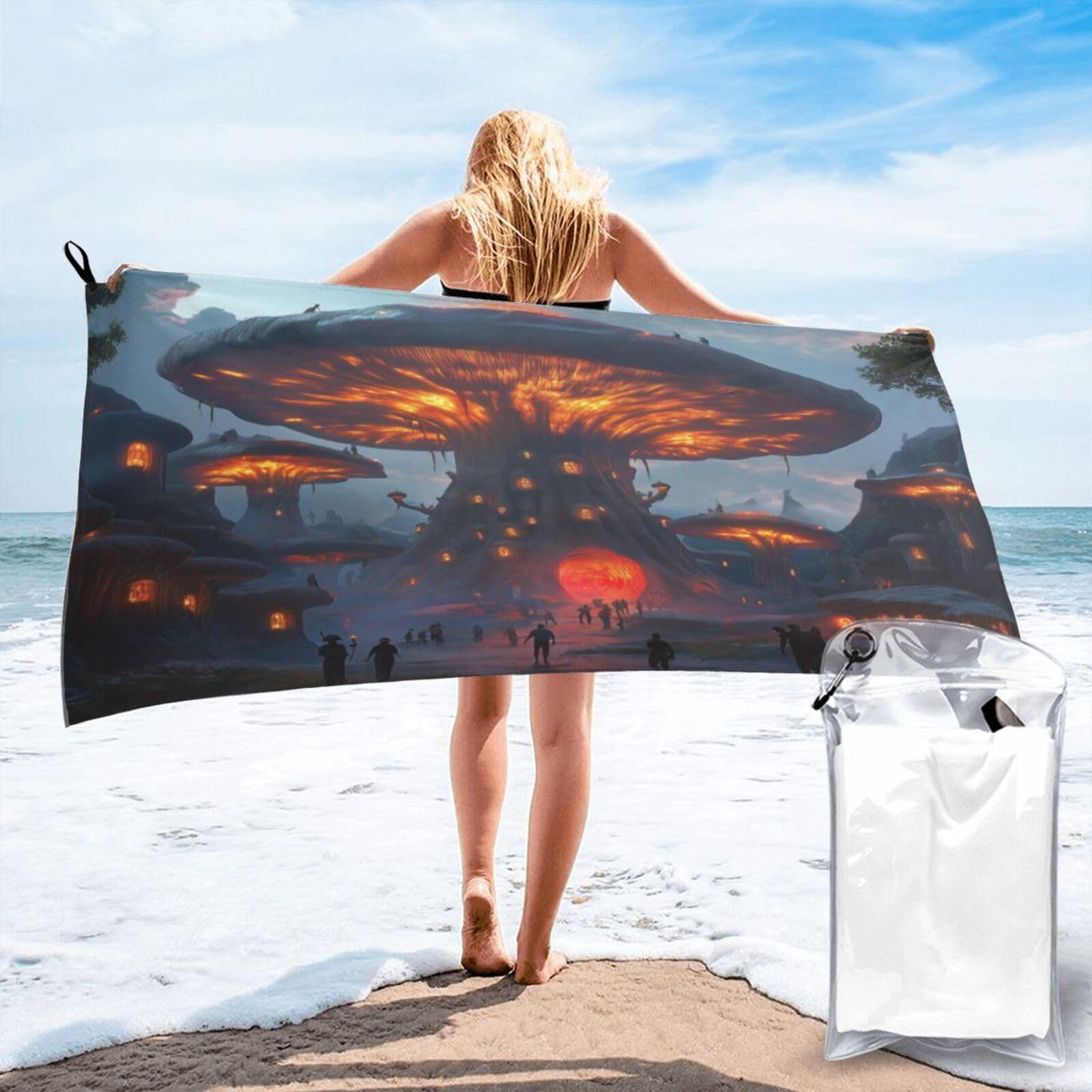 Anceky Fantasy of Glowing Mushrooms Village Quick Dry Microfiber Travel Towel with Carry Case and Carabiner 27.5"X55"