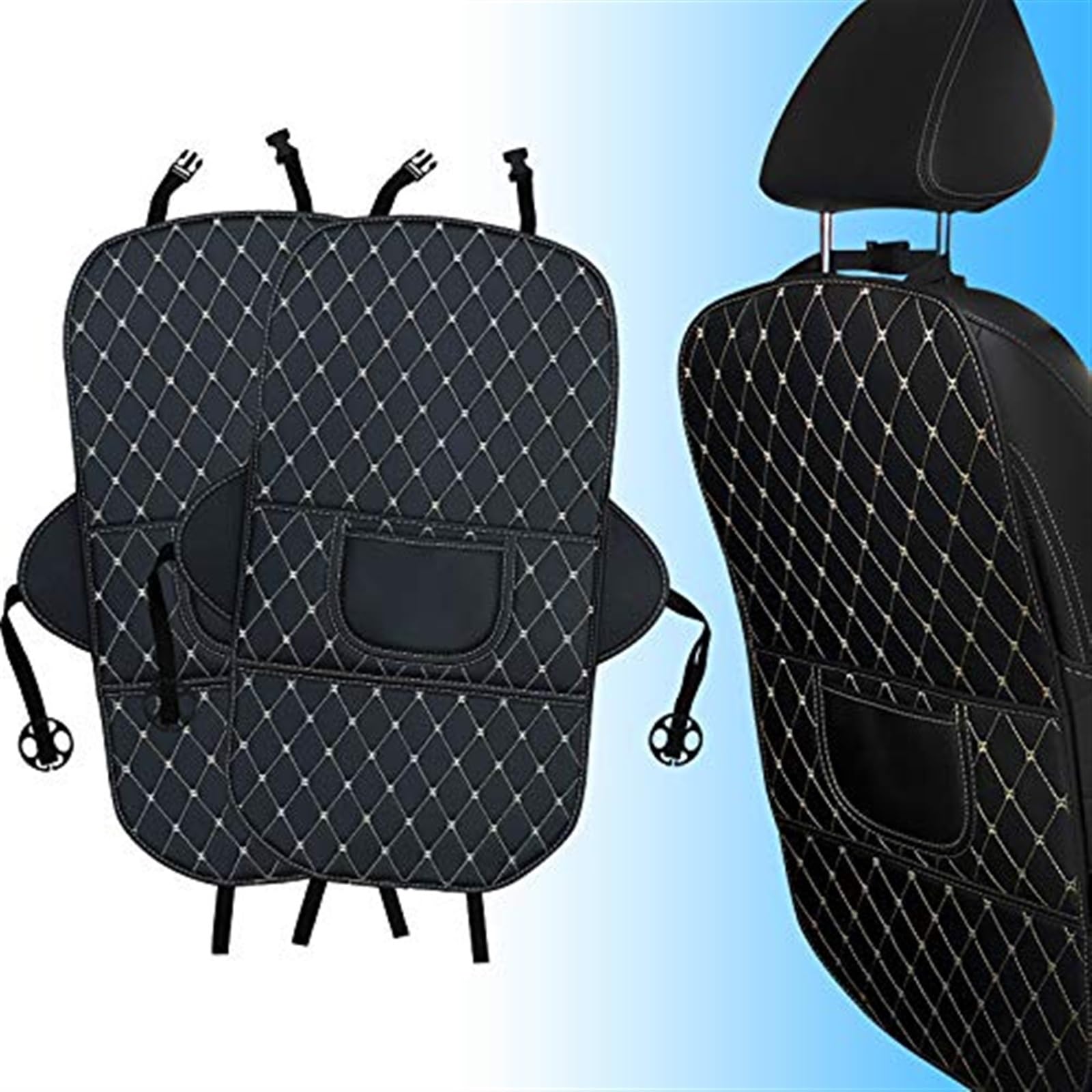 THE WHITE SHOP Kick Mats Back Seat Protector 2 Pack Car Back Seat Cover Premium Fabric Odor Free Protect Your Leather Seat with 2 Storage Pocket 2PCS