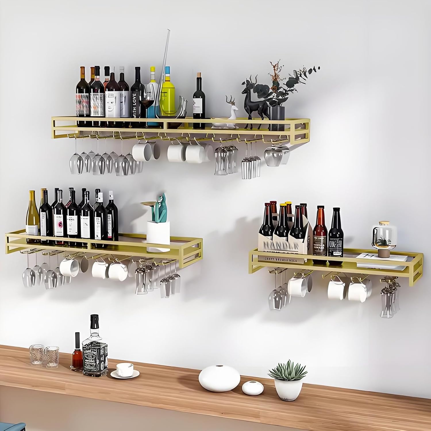 YVYKFZD Wall Mounted Wine Rack, Floating Metal Bar Shelves, Industrial Liquor Bottle Display Shelf with Wine Glass Holder, Large Storage Wine Holder, Space Saving(Gold,60cm/23.6")