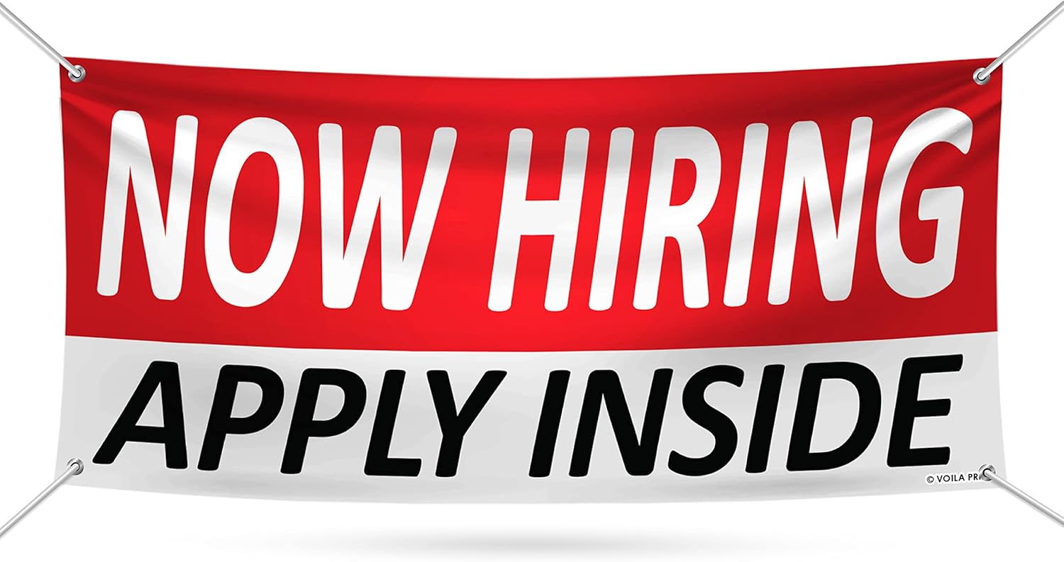 Now Hiring Apply Inside Banner Sign - 13 oz Heavy Duty Waterproof Now Hiring Apply Inside Vinyl Banner with Metal Grommets, VP5621 (15" x 36")