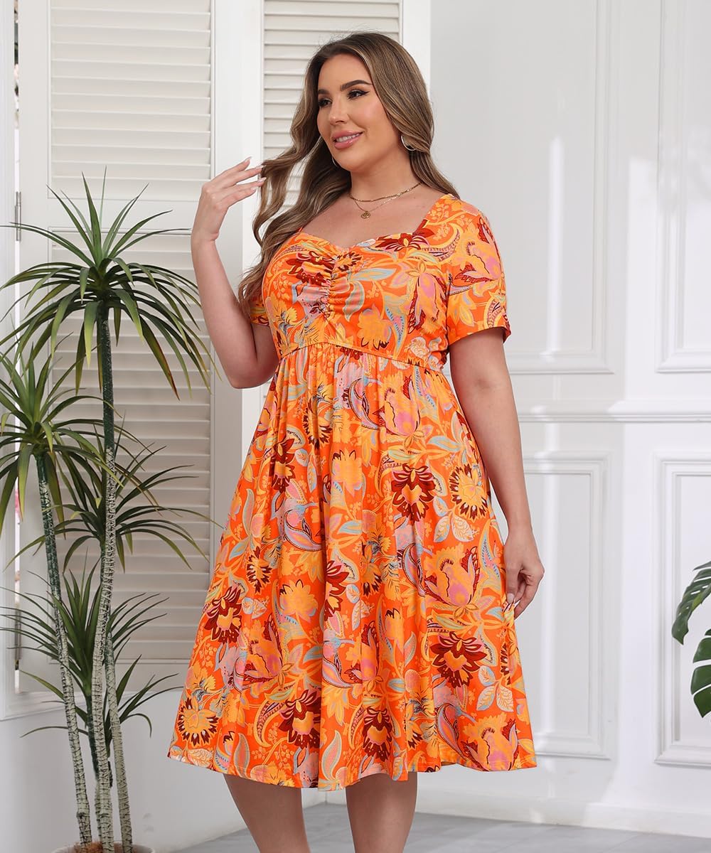 RITERA Plus Size Dresses for Curvy Women Boho Summer Midi Dress Sweetheart Neck Short Sleeve Dresses Empire Waist with Pocket - Image 2
