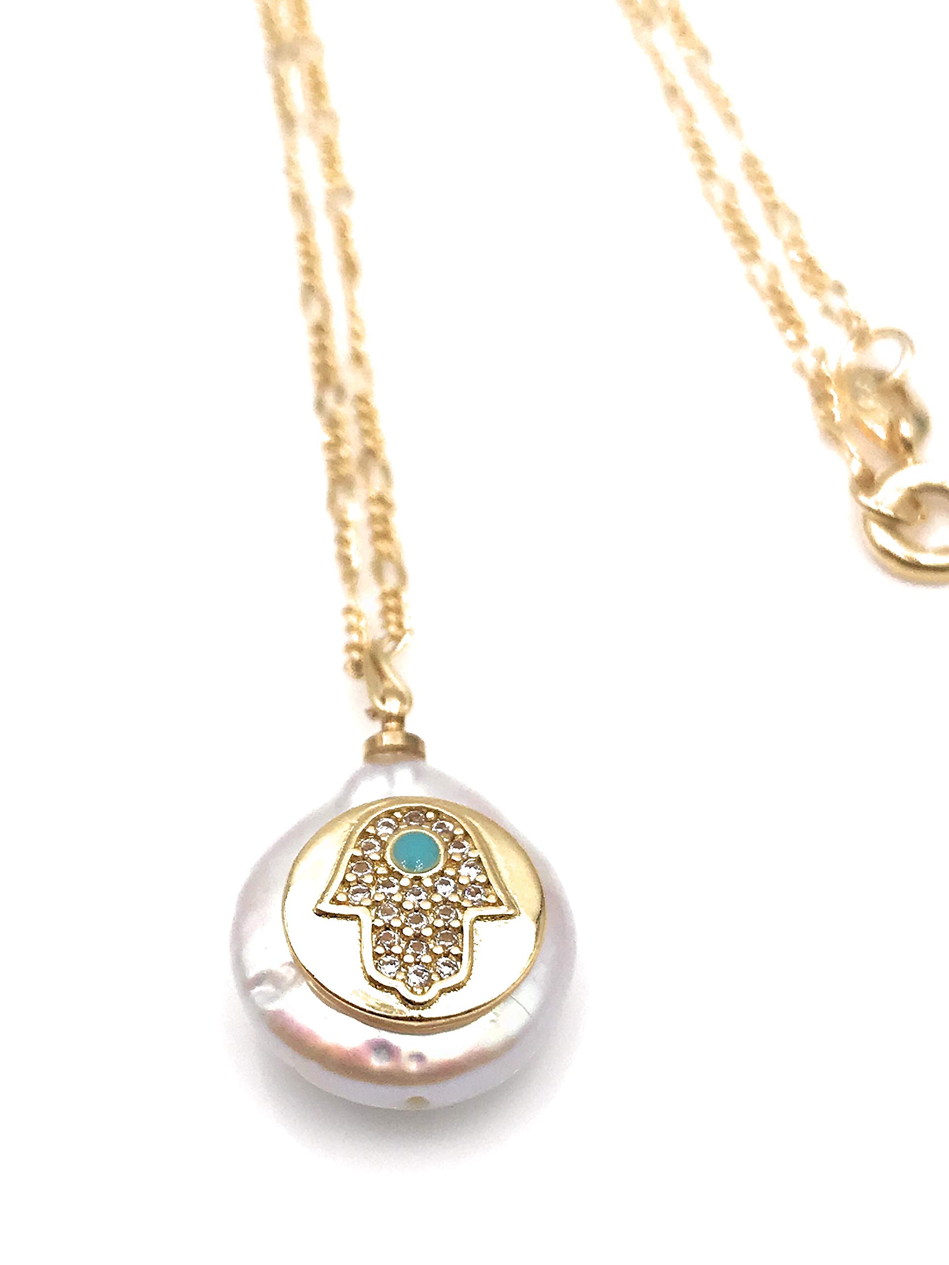 LESLIE BOULESGold Hamsa Hand Baroque Pendant Necklace 18K Gold Plated Chain "19 Inches" Length, Crystal Mother Of Pearl