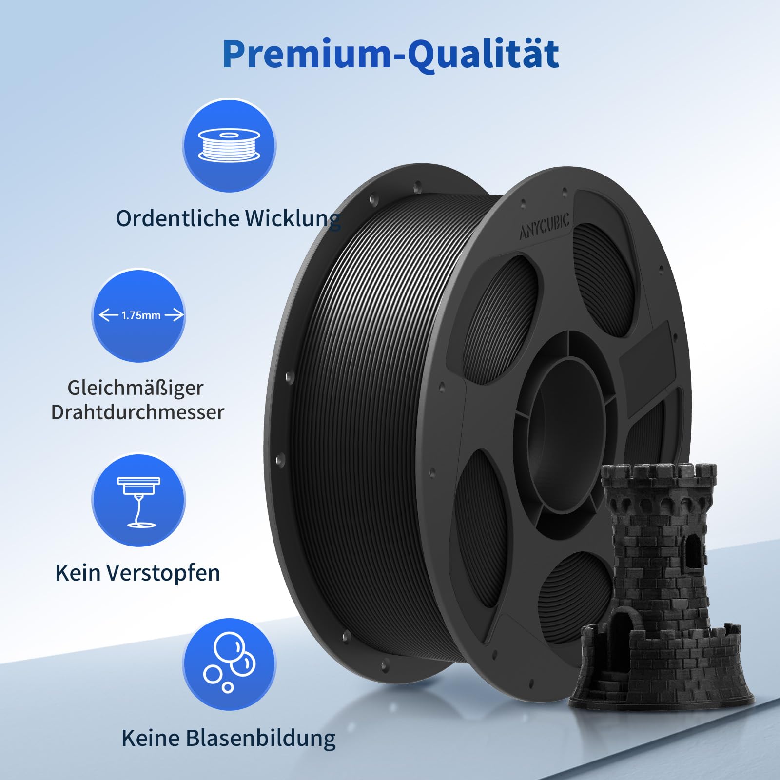 ANYCUBIC PLA Filament 1.75mm Schwarz, Wiederverwendbare Spule PLA, 1KG 3D Drucker Filament, Vakuumverpackung, Intelligente Identifikation