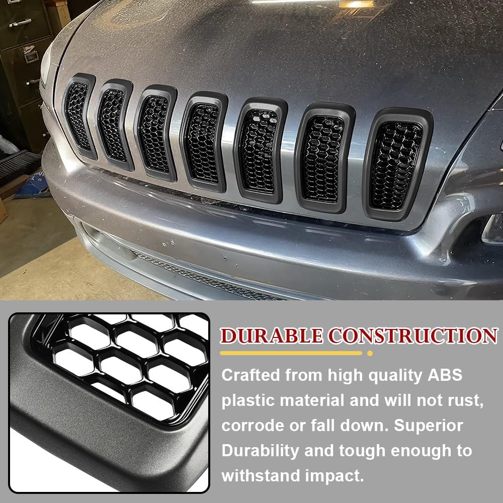 JSCARLIFE 2014-2018 J-eep Cherokee ABS Honeycomb Grille Inserts 7-Piece Kit - OEM Style Mesh Covers | Clip-On Installation, Anti-Corrosion Trim for KL Model (Gray)