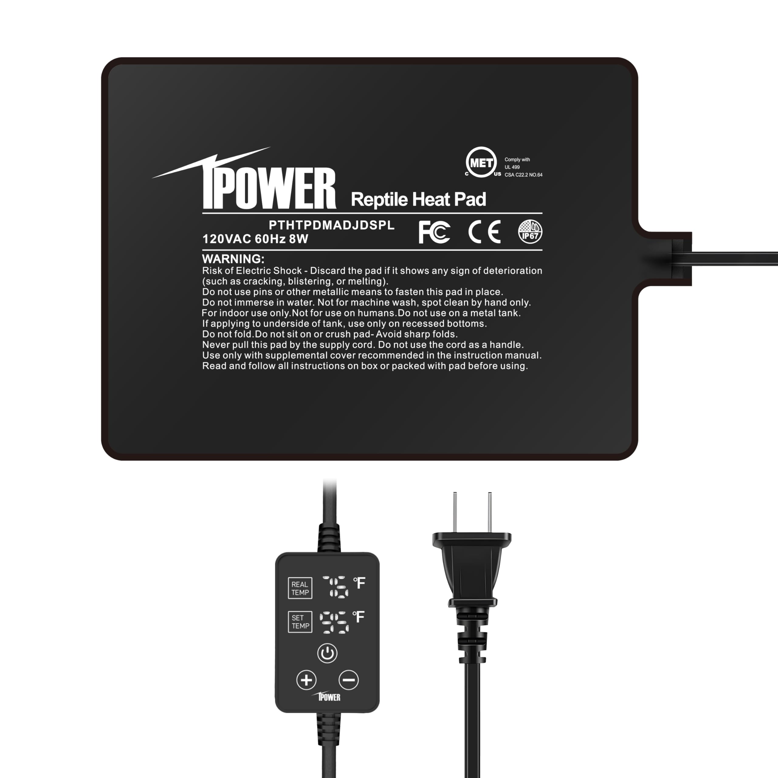 iPower 6 by 8 Inch 8W Reptile Heating Pad with Adjustable Thermostat, Under Tank Warmer Terrarium Heat Mat for Turtles/Snakes/Lizards/Frogs, and Other Reptiles