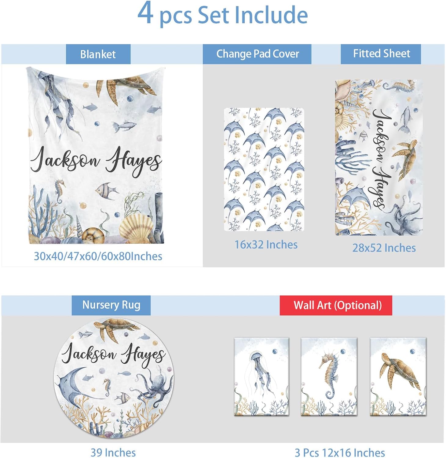 Custom Baby Crib Bedding Set, 4 Pcs Personalized Ocean Theme Bedding Set with Name, Soft Blanket Fitted Sheet Pad Cover Rug for Girls Boys New Parents Baby Shower Toddlers Gifts Nursery Decor