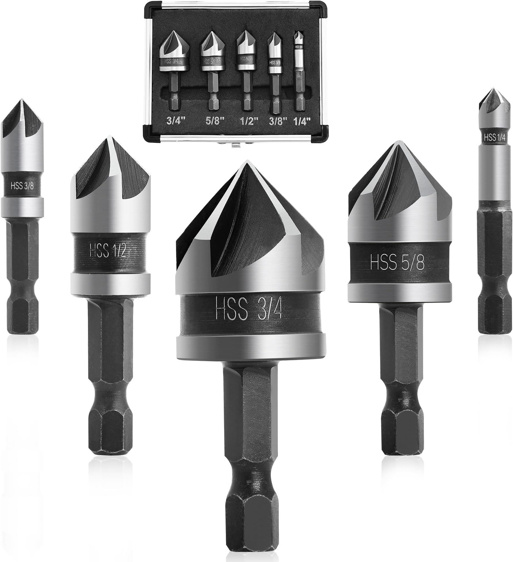 5 Pcs Countersink Drill Bit Set, 82 Degree 5 Flute High-Speed Steel Countersink Drill Bit with 1/4” Hex Shank, 1/4" to 3/4" Size for Machinable Metals, Wood, Carbon Steel, in Aluminum Case