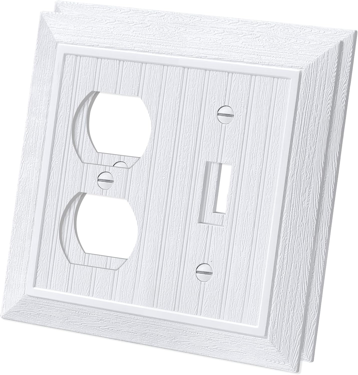 (2 Pack) CML Classic Beadboard Duplex/Toggle Combination Switch Wall Plate, Vintage Outlet Covers, Retro Wood Grain Design Switch Plates, Impact Resistant, Standard Size 4.95”X 4.87”, White