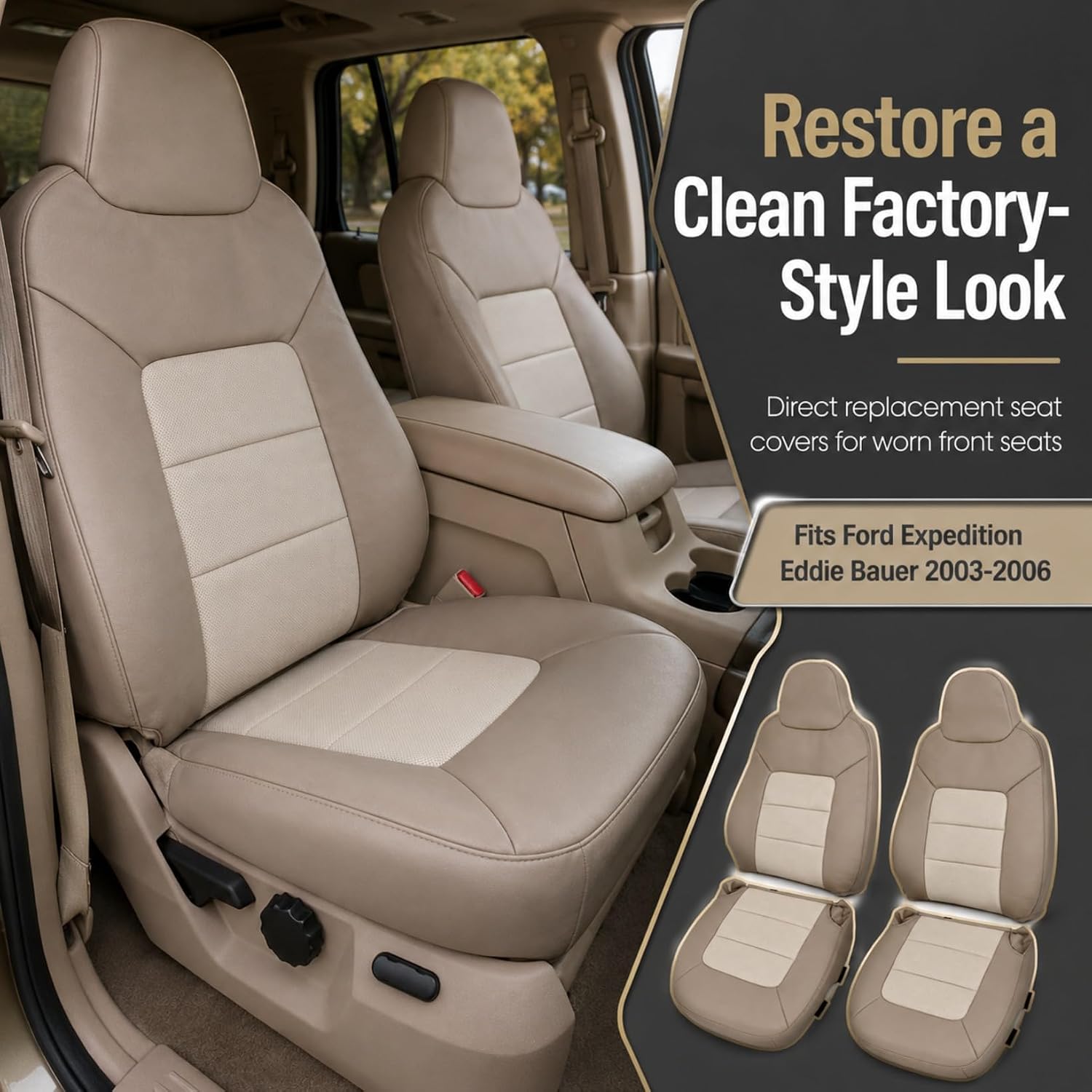 NLQR 4-Piece Front Driver and Passenger Side Bottom & Top Lean Back Replacement Perforated Microfiber Leather Seat Covers Compatible with Ford Expedition Eddie Bauer 2003 2004 2005 2006 Tan
