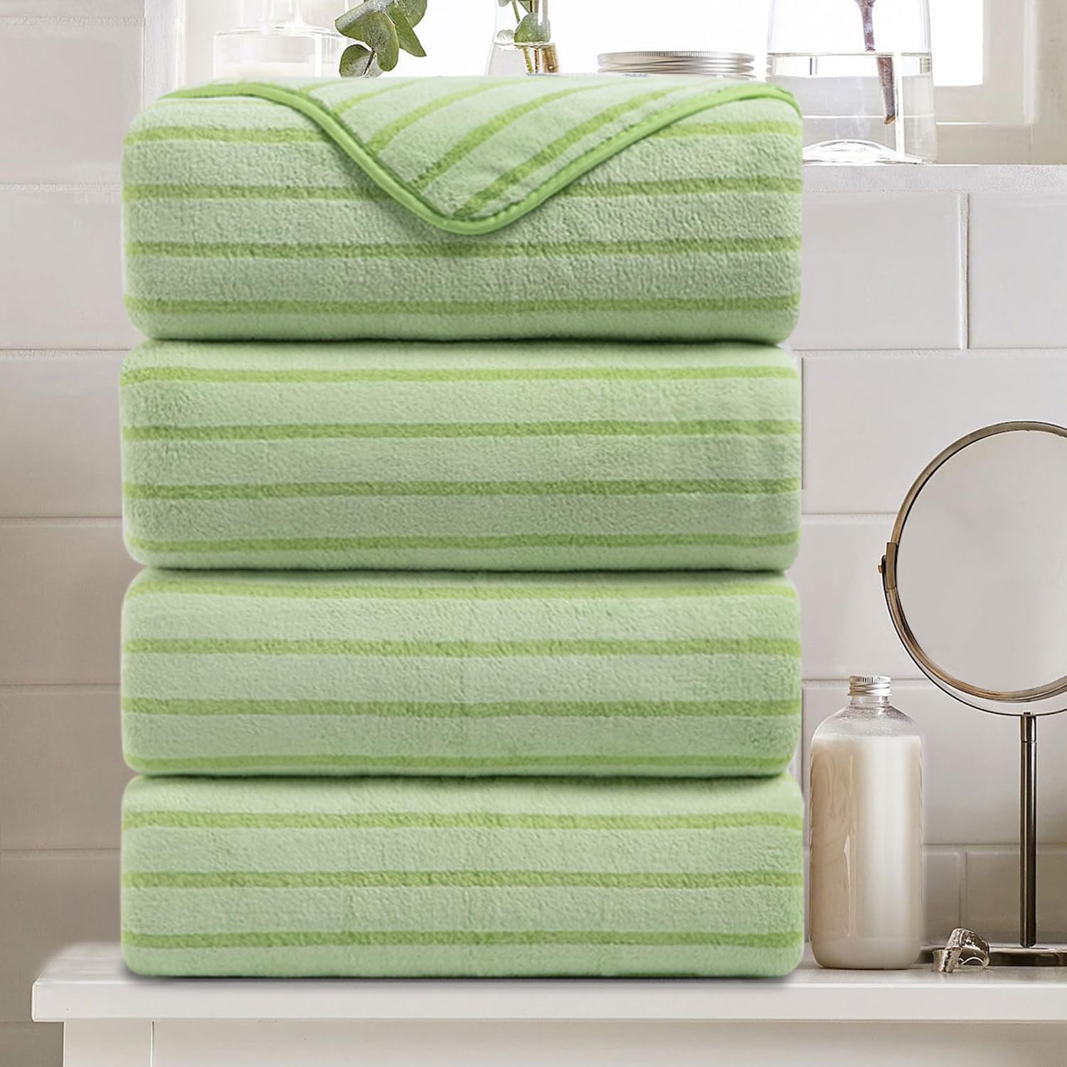 4 Pcs Grass Green Cabana Stripe Large Bath Towels 35"x70" Oversized Bath Sheet Soft Breathable Jumbo Bathroom Towels Highly Absorbent Shower Towel Quick Dry Beach Chair Towel Spa Gym Hotel Towel Set