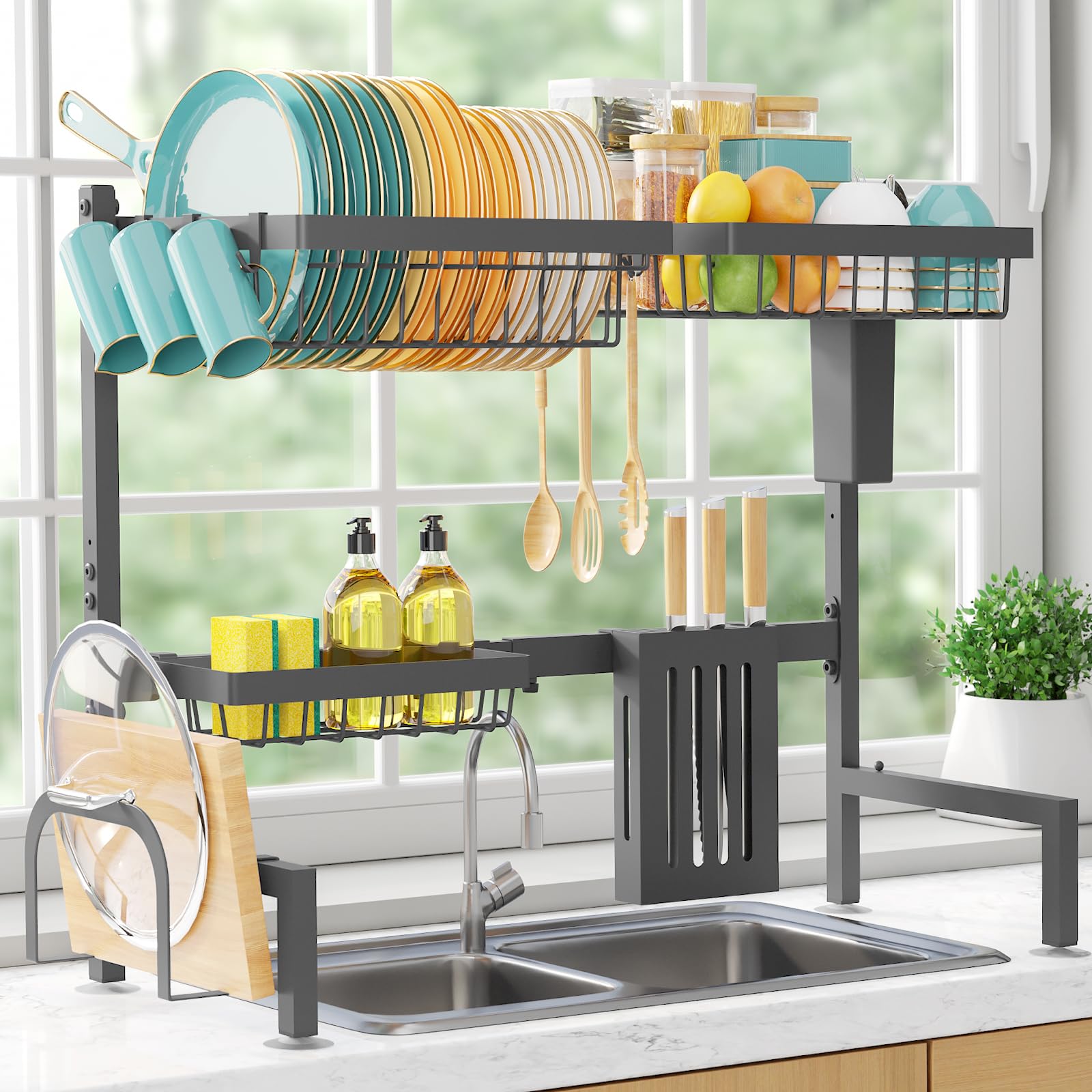 Sakugi Égouttoir à vaisselle au-dessus de l'évier – Égouttoir réglable à 2 niveaux de grande capacité en acier inoxydable avec porte-couverts et porte-ustensiles, rangement et organisation de cuisine