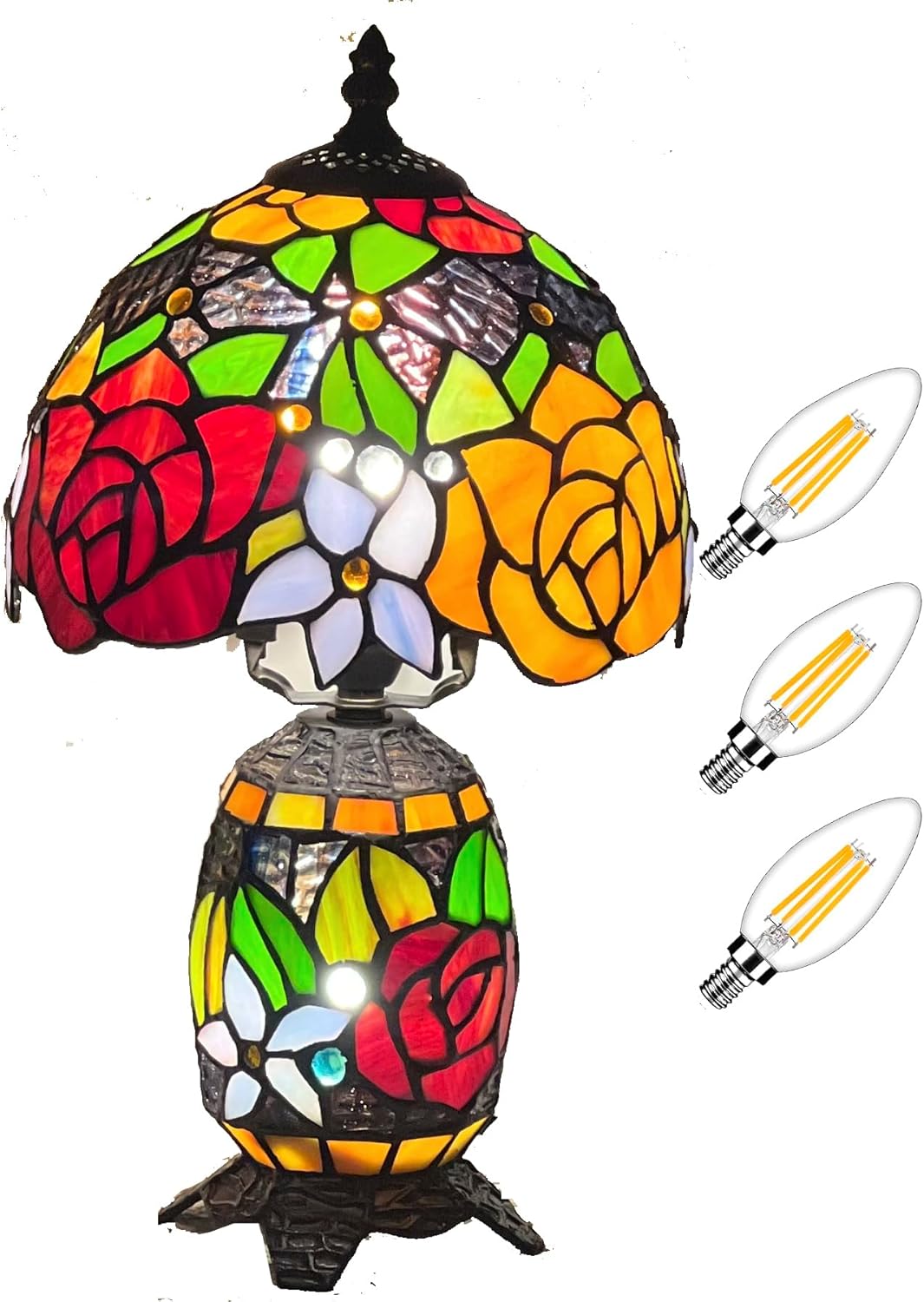 Small Tiffany Lamp Stained Glass Table Lamp Mini Mother Daughter Vase Desk Accent Night Light for Bedroom Bedside Reading Home Antique Style 8X14 Inches (Red Yellow)