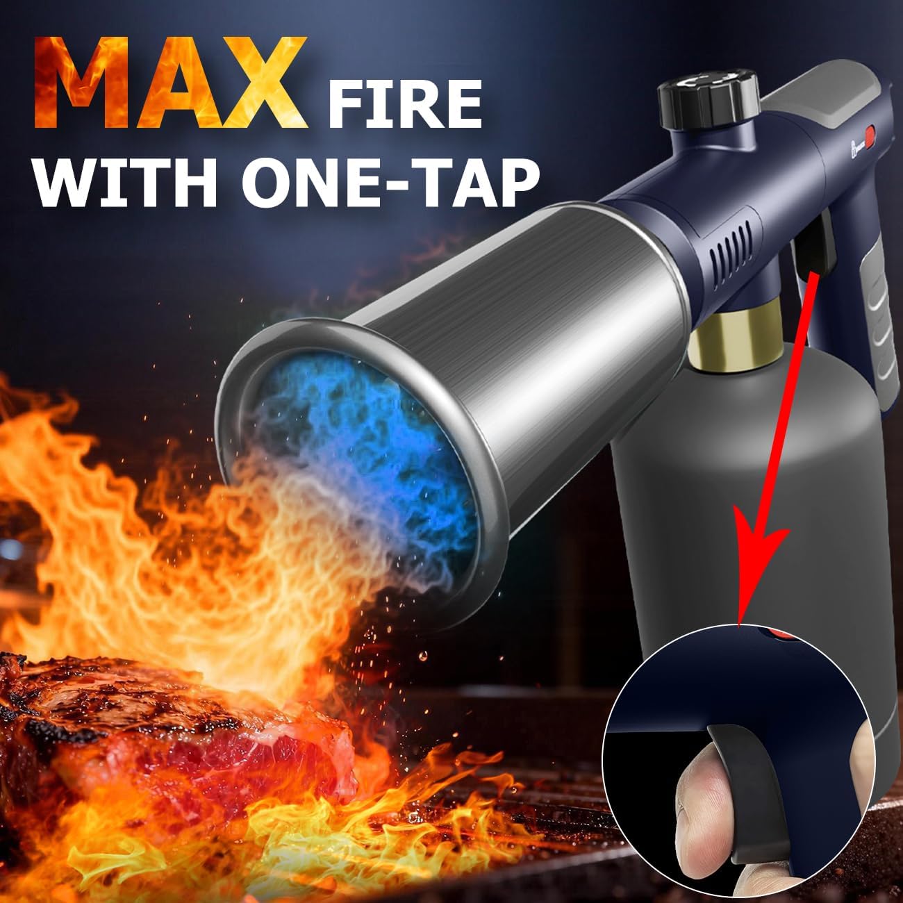 Propane Torch Gun Flame Thrower, Blow Torch with Adjustable Flame and One-Touch Max Fire, Kitchen Cooking Blow Torch, Fire Gun Torch Lighter, Food Torch for Grill Sous Vide BBQ (Blue, Without Tank)