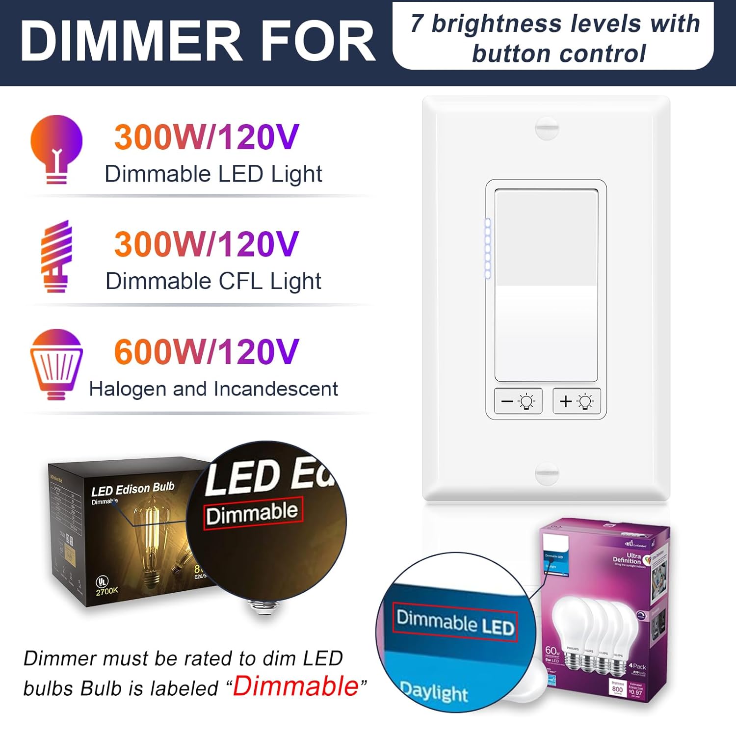 Greencycle 2 Pack Dimmer Light Switch, Single Pole or 3-Way, Compatible with 300W LED/CFL & 600W Incandescent/Halogen, 15A 120V, No Neutral Wire Required, UL Listed, Wall Plate Included, White