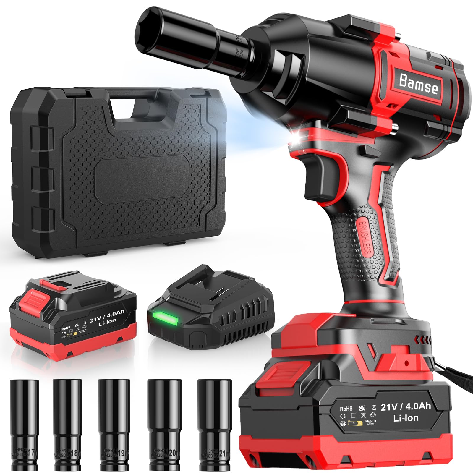 Bamse Brushless Impact Wrench 1000 Nm Maximum Torque, 1/2" High Power Impact Wrench with 4.0Ah Batteries and Charger, 5 Sockets, Brushless Pulse Drill for Car Home