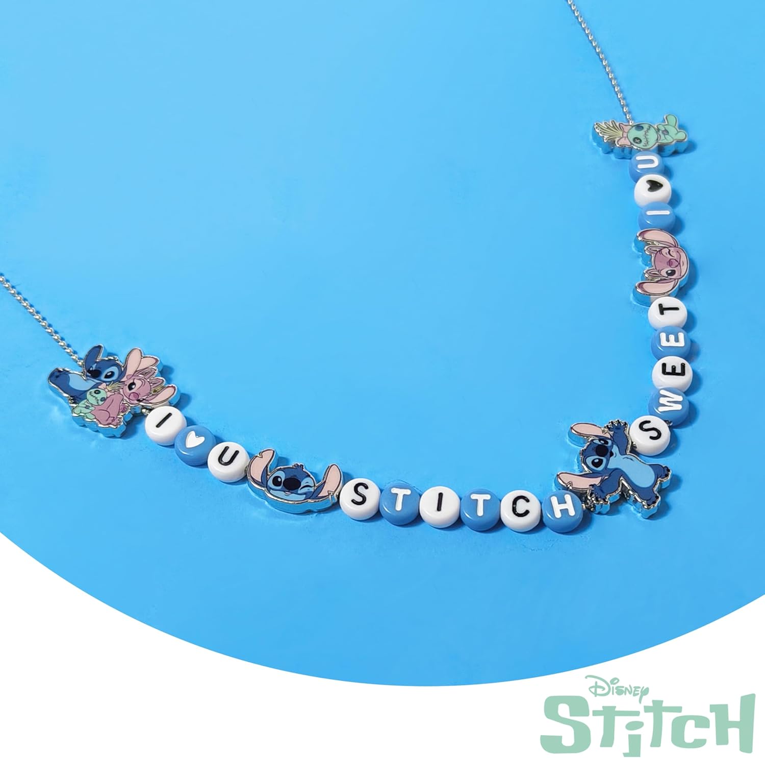 LUV HER Disney Stitch Charm Necklace Jewelry Making Kit, Includes 5 Charms & 66 Letter Beads, Disney Stitch Name Necklace for Kids, Ages 3+