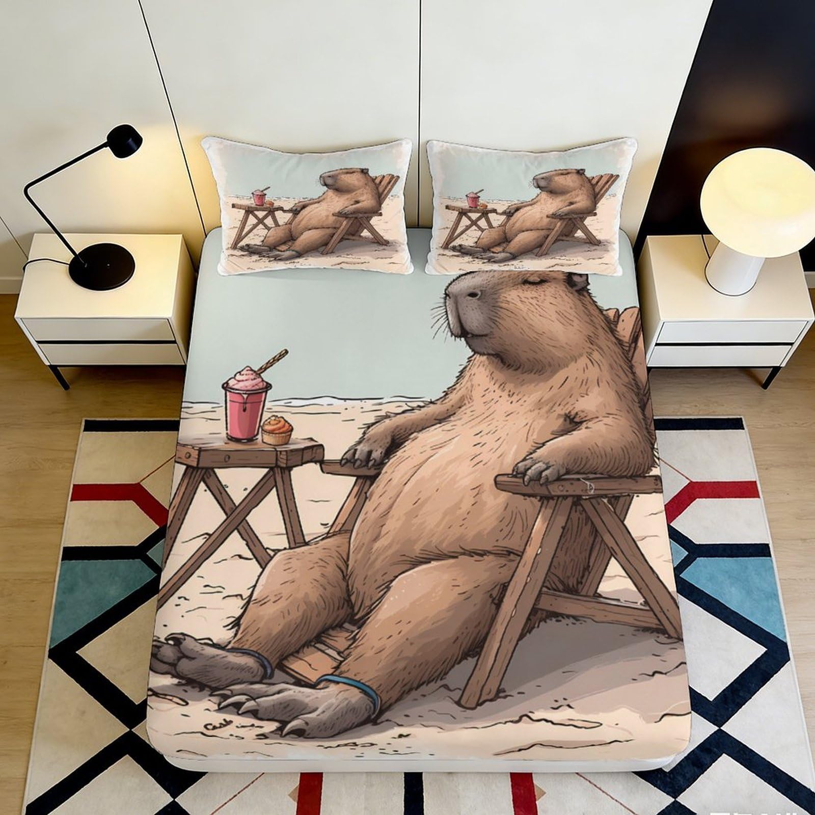 3D Printed Relaxed Capybara Fitted Sheet Microfiber Soft Breathable Beach Scene Bed Cover for Bedroom Dorm Decor 90x200x25cm