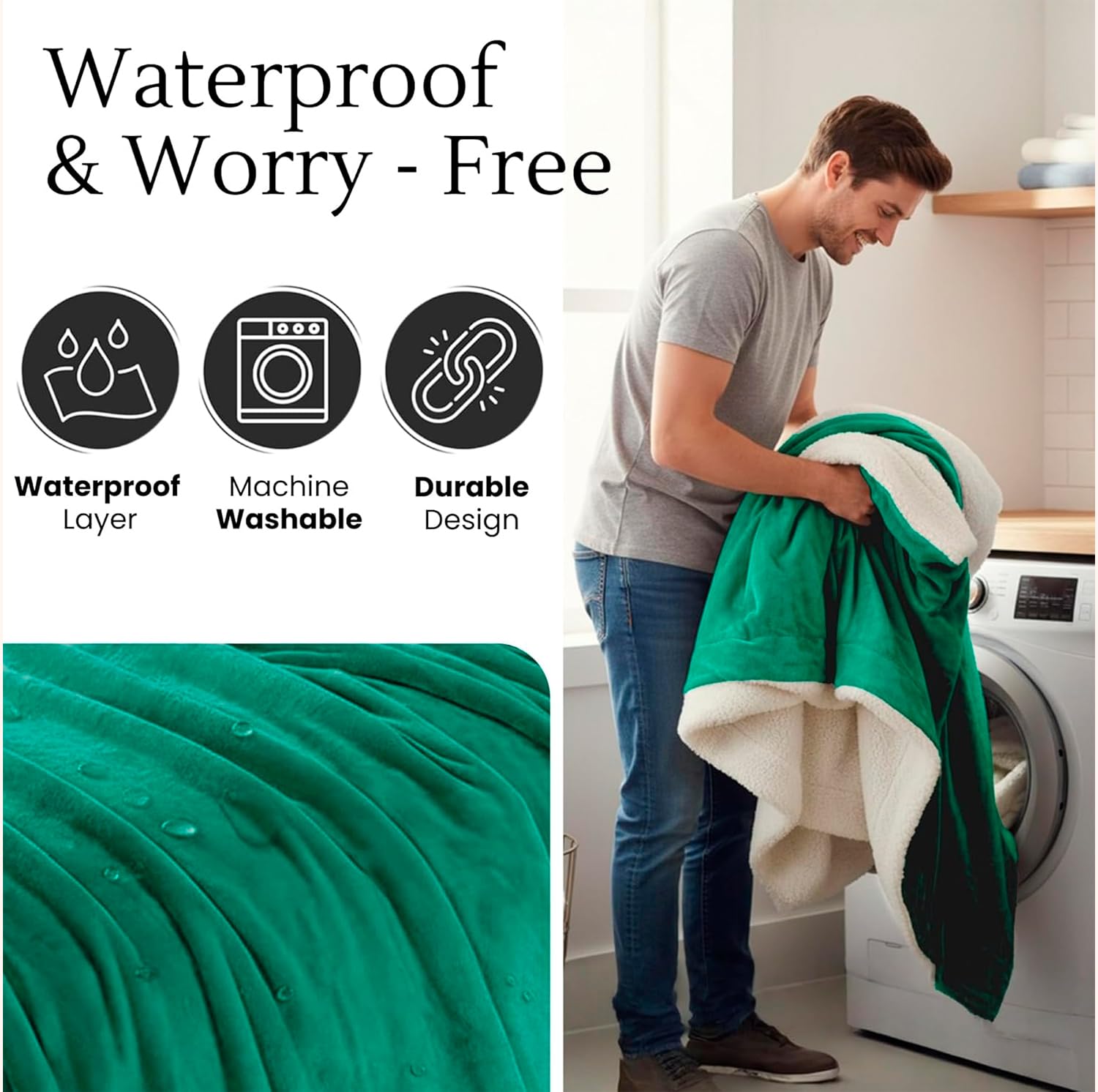 CREW FLX Waterproof Blanket for Bed Intimacy (80"x 60" Queen Size) Reversible Fleece | Sherpa, Love Blanket, Water Proof TPU Stain Proof Couch Furniture Mattress Winter Large Dog Bed Cover - Gray: Green Sherpa Fleece 80 x 60 inch