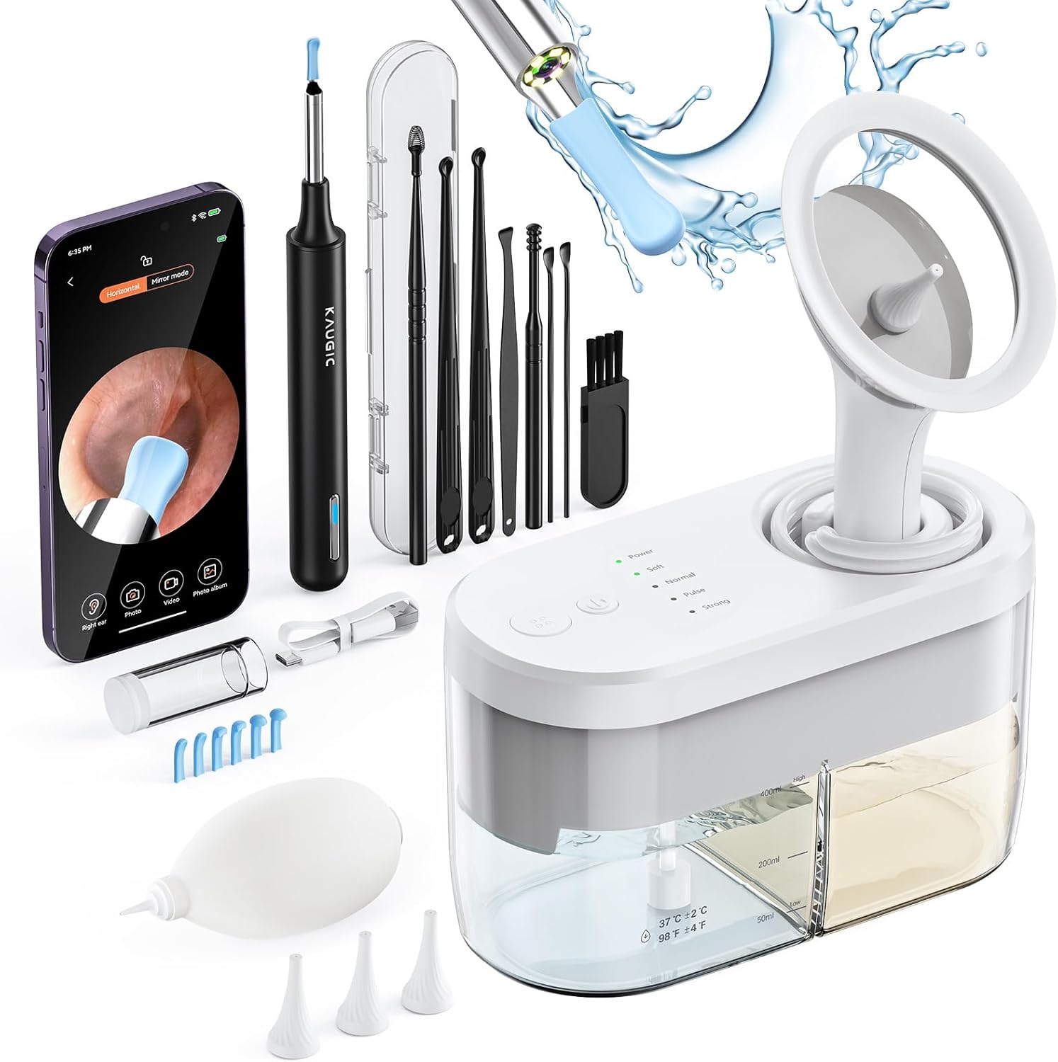 Ear Wax Removal Tool Camera - FSA/HSA Eligible Ear Irrigation Flushing System & Ear Cleaner with Camera 1080 HD, Ear Flushing Kit for Adults with One-Piece Waste Tank, Earwax Removal Kit White XL