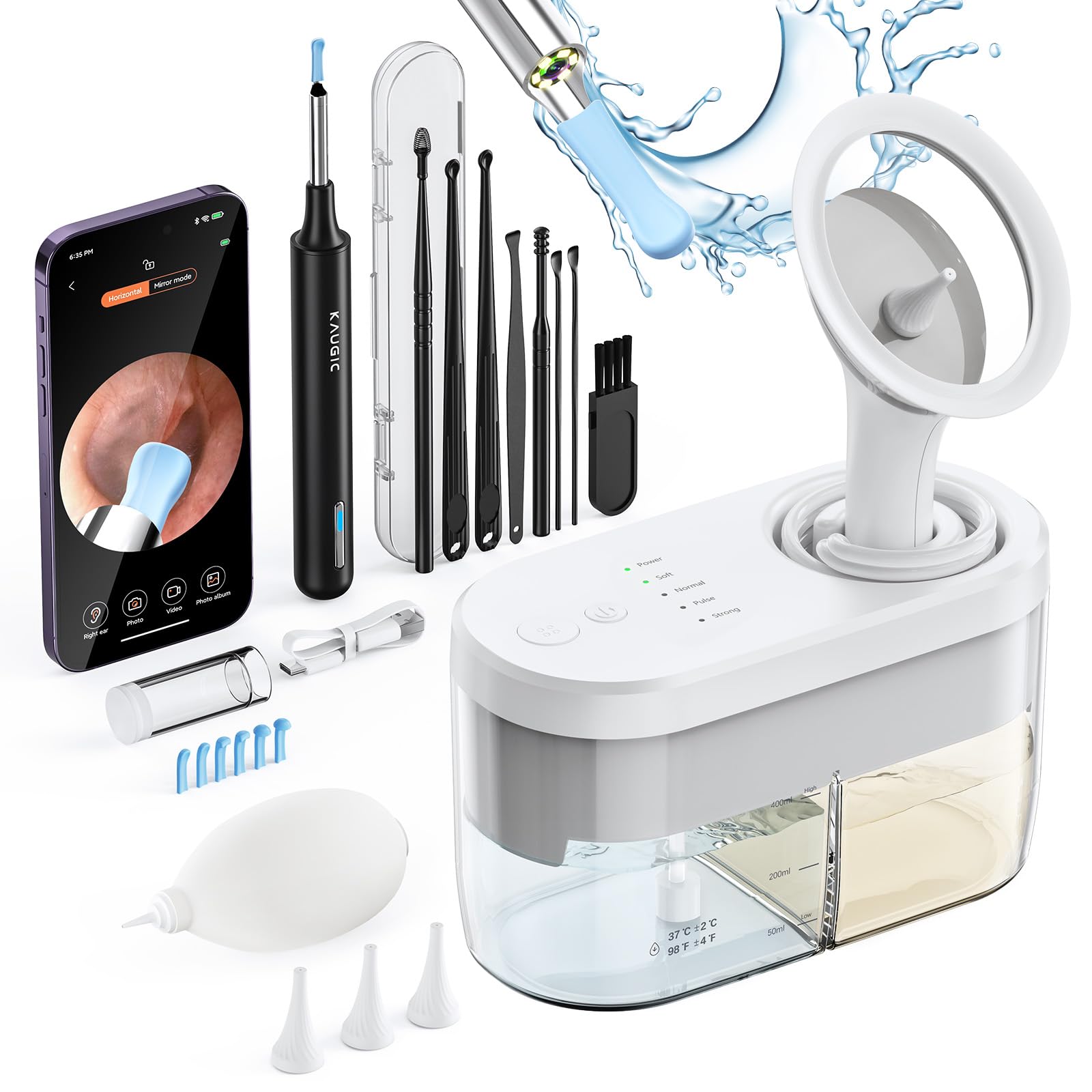 Ear Wax Removal Tool Camera Ear Irrigation Flushing System & Ear Cleaner with Camera 1080 HD, Ear Flushing Kit for Adults with One-Piece Waste Tank, Earwax Removal Kit with Camera 