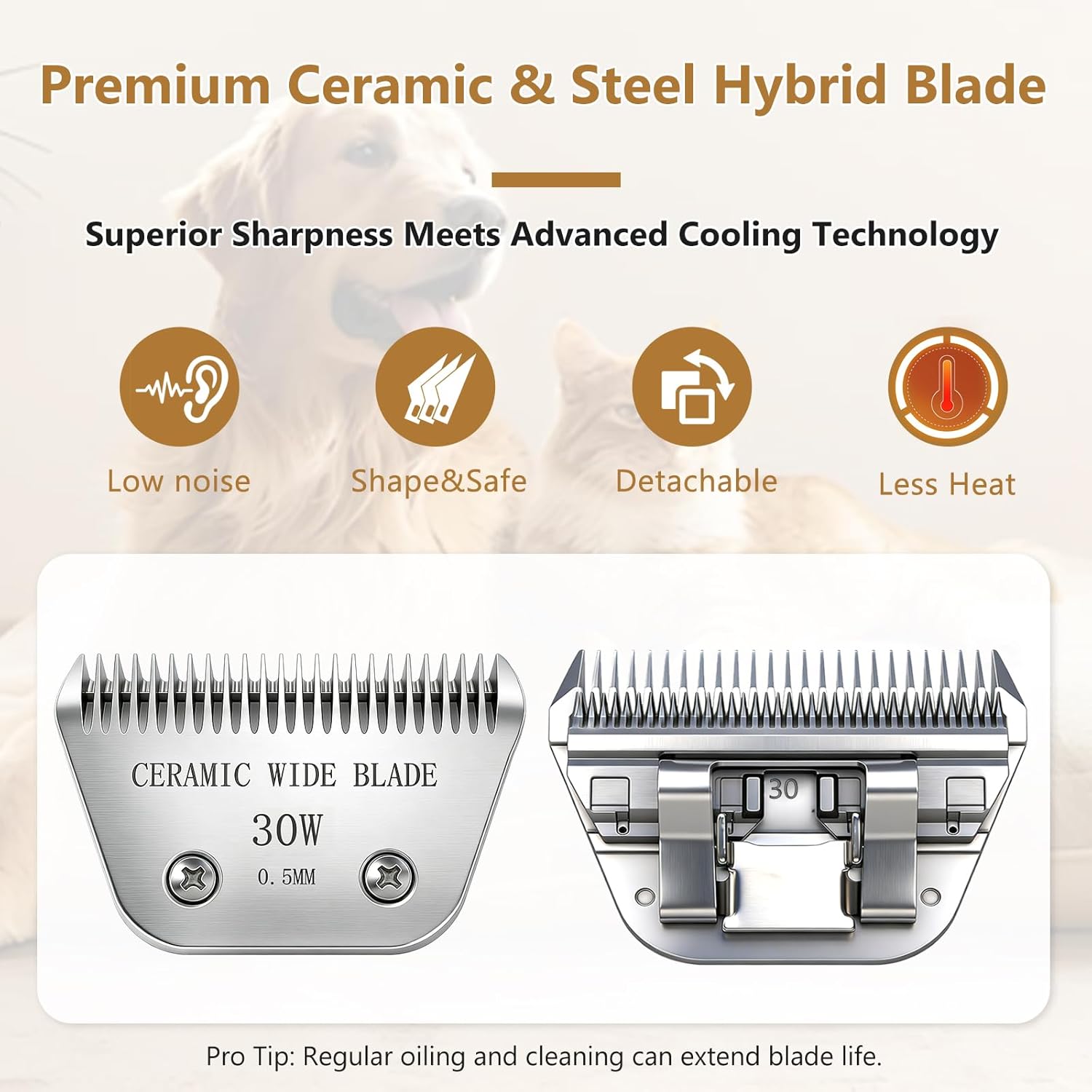Precision Ceramic Wide Blades for Dog Grooming,Compatible with Andis,Oster A5,Wahl km10 Clippers-Dog and Cat Grooming Replacement Blade (30W(0.5MM))