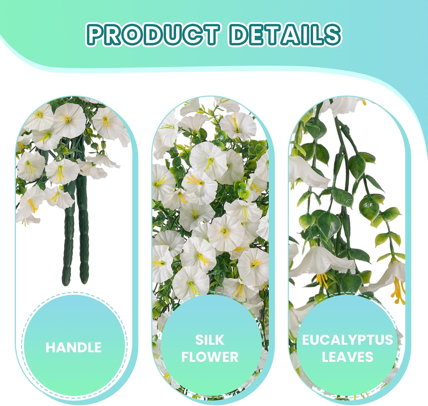 Fake Artificial Hanging Morning Glory Flowers for Outdoor Planters Porch Pation Decoration,2 Bundles UV Resistant Silk Faux Flowers with Realistic Eucalyptus Plants for Home Office Garden Decor(White)